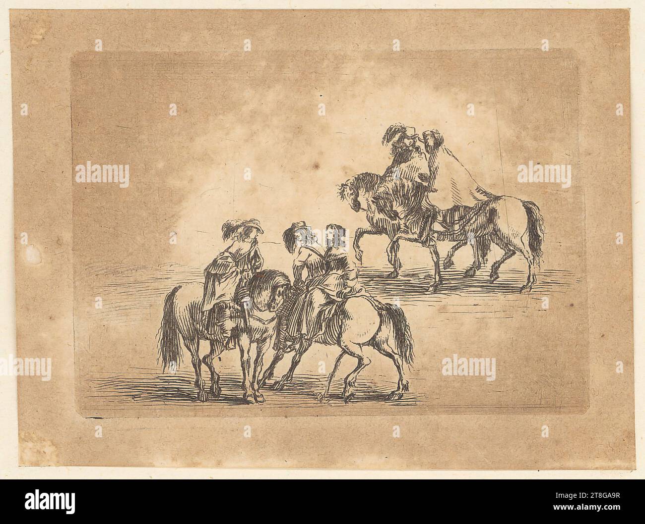 Anonymous (date unknown), Italian, artist:in Stefano della Bella (1610 - 1664), in the manner of, Four horsemen, in two pairs one with a lady, origin of the printing medium: 1650 - 1700 second H, etching on paper vergé, sheet size: 7.9 x 10.5 cm plate margin: 6.4 x 8.8 cm Stock Photo