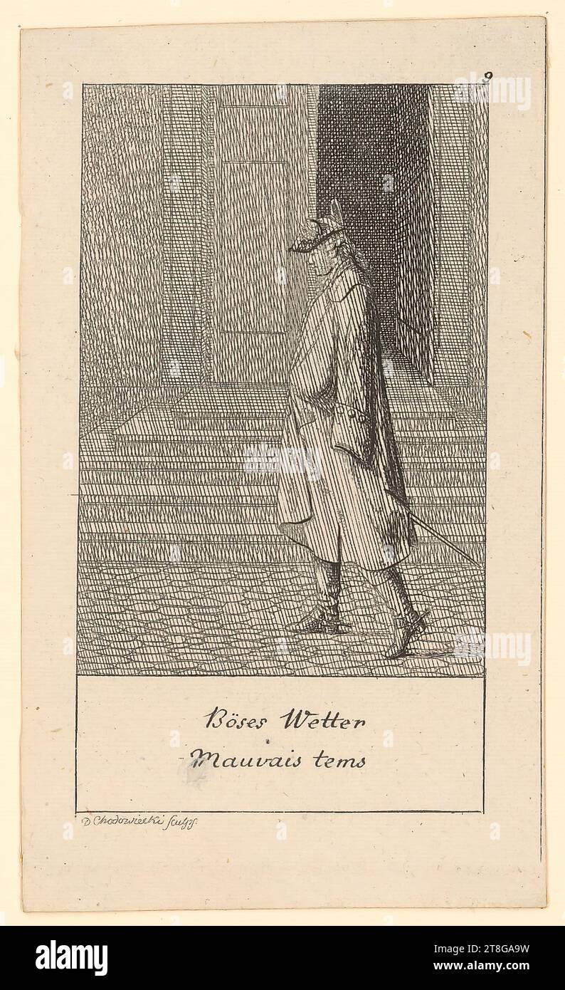 Daniel Nikolaus Chodowiecki (1726 - 1801), artist, Böses Wetter, origin of print medium: 1780, etching on vergé paper, sheet size: 10.0 x 6.0 cm (trimmed within plate margin)' Field3 Numbered '9' at upper right; inscribed 'Böses Wetter, Mauvais tems' at lower center; signie at lower left Stock Photo