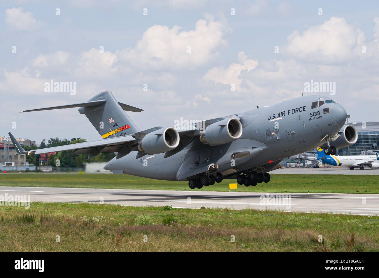 US Air Force C-17 military aircraft taking off from Lviv Airport. High-quality photo Stock Photo