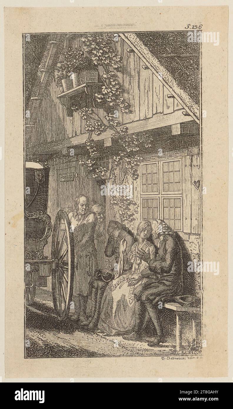 Daniel Nikolaus Chodowiecki (1726 - 1801), artist, Sebaldus, Mariane and infant on a bench in front of the farmhouse, print medium creation: 1776, etching on vergé paper, sheet size: 14.0 x 8.5 cm (trimmed within plate margin)' Field3 Numbered at upper right 'S. 136'; signed lower right 'D: Chodowiecki delineavit: & sculpsit Stock Photo