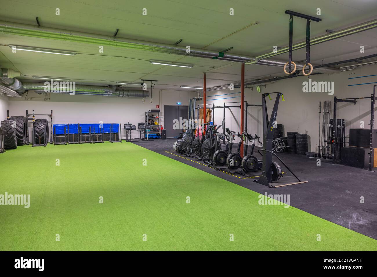 Basement gym with diverse exercise machines, promoting healthy lifestyle concept. Stock Photo