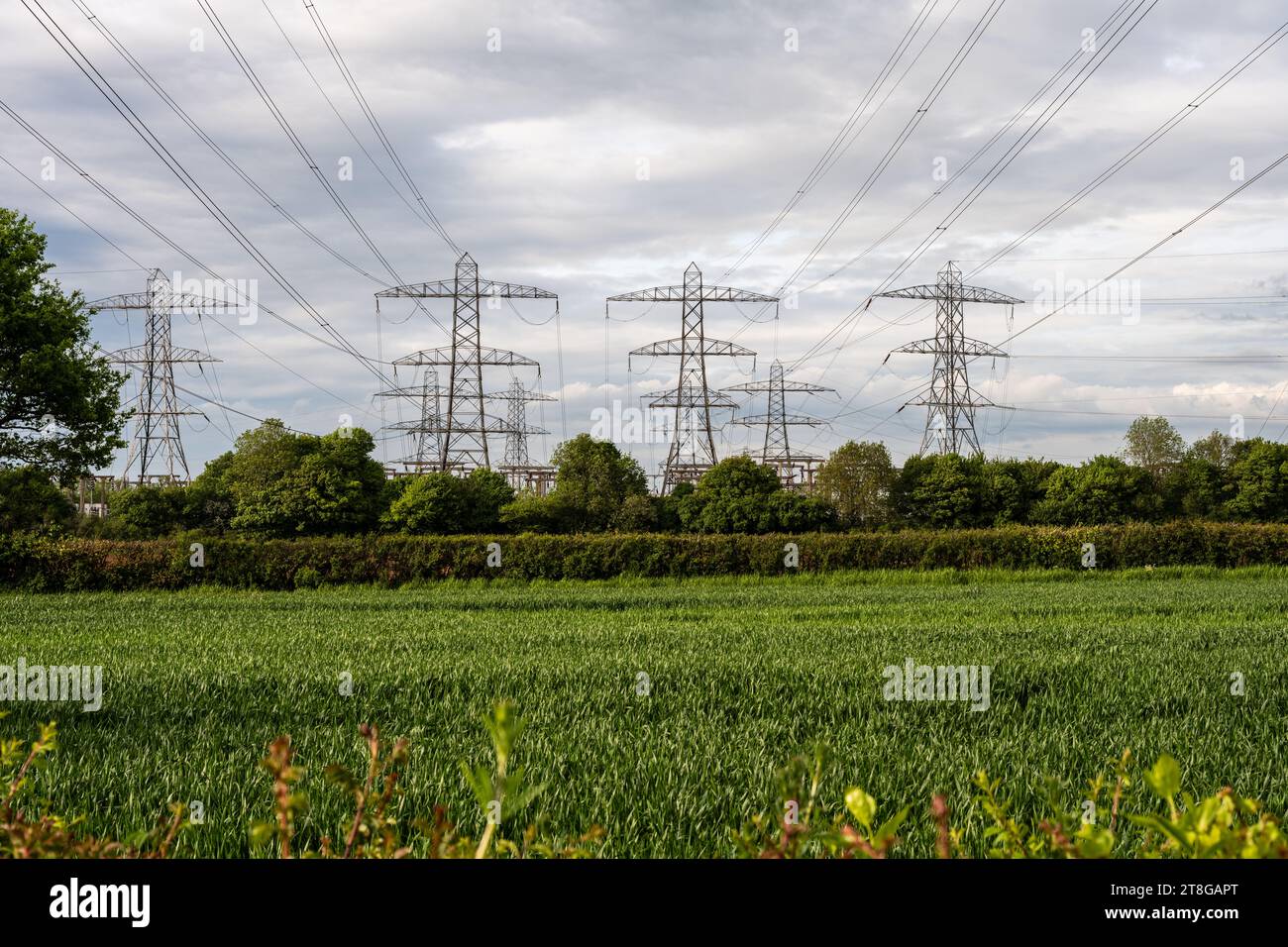 Power lines feeding the Bristol and South Gloucestershire areas run from National Grid's Iron Acton Substation. Stock Photo