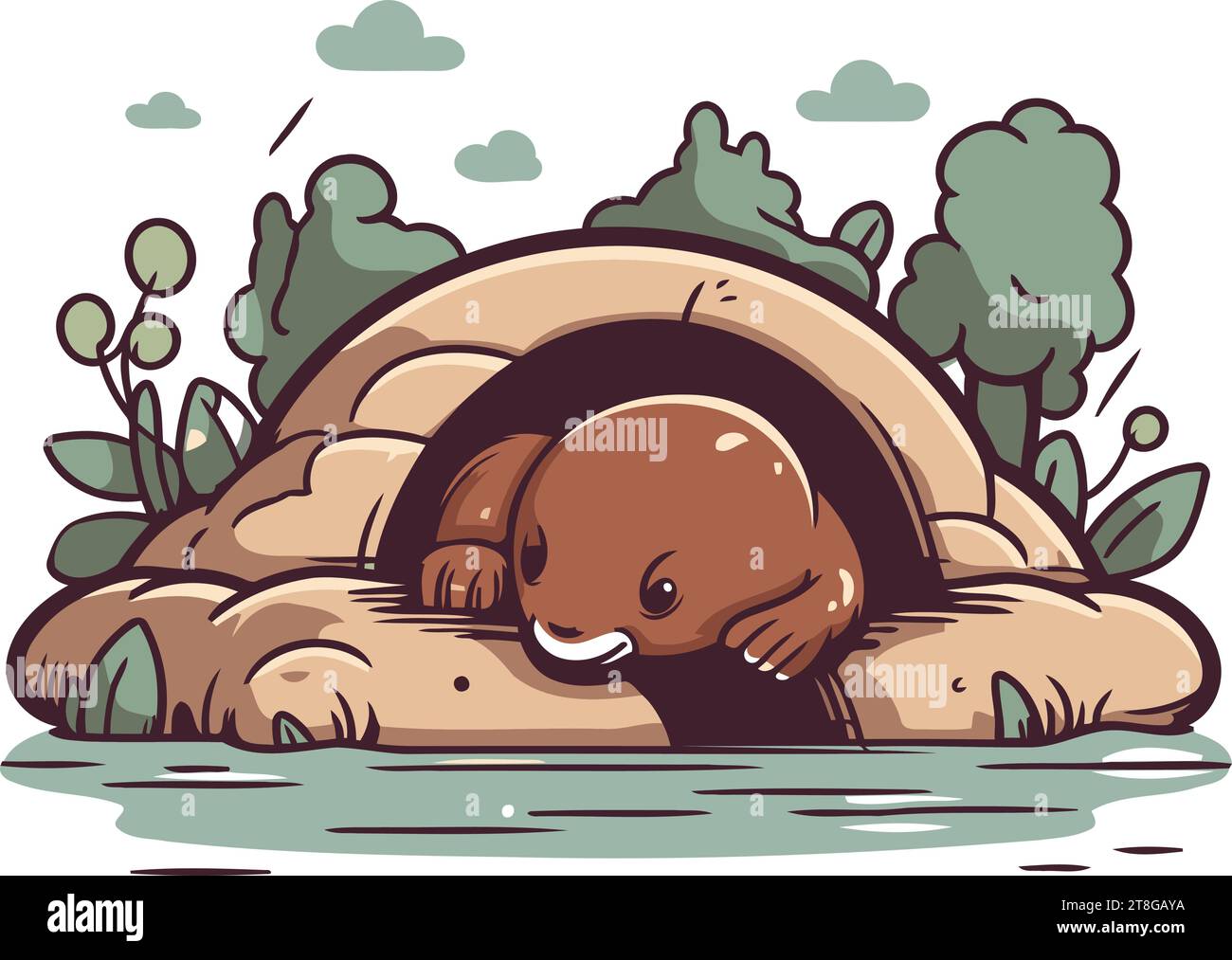 Cute Cartoon Little Brown Bear Sleeping In A Cave Vector Illustration