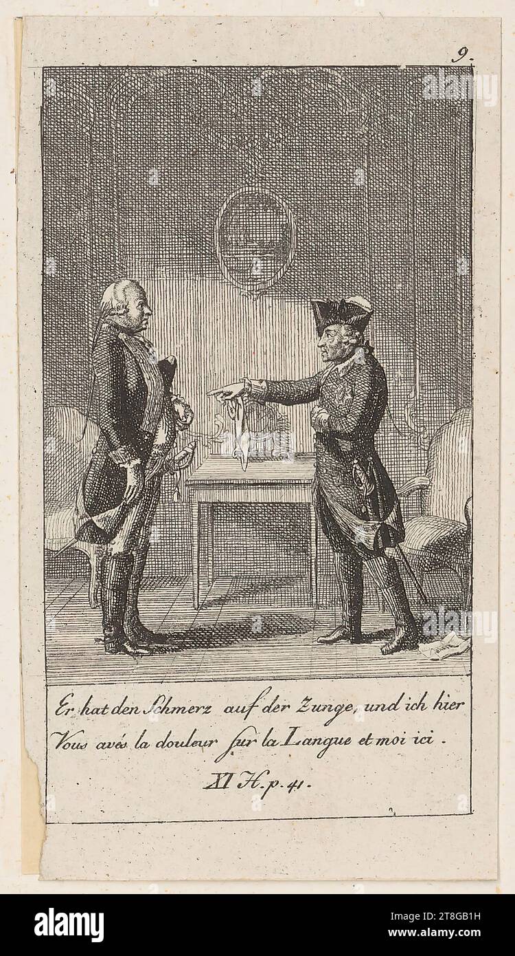 Wilhelm Chodowiecki (1765-1805), artist Daniel Nikolaus Chodowiecki (1726 - 1801), copy after Er hat so was galantes in seinem Wesen, sheet 8 of the set 'Anekdoten und Charakterzüge Friedrichs des zweyten, König von Preussen', Daniel Nikolaus Chodowiecki (1726 - 1801), artist, sheet 9 to the 'Anekdoten und Charakterzüge Friedrichs des zweyten, Königs von Preussen', origin of the print carrier: 1788, etching on paper vergé, sheet size: 10. 2 x 5.5 cm (trimmed within platemark)' Field3 Numbered '9.' at upper right; inscribed at bottom 'Er hat den Schmerz auf der Zunge, und ich hier Stock Photo
