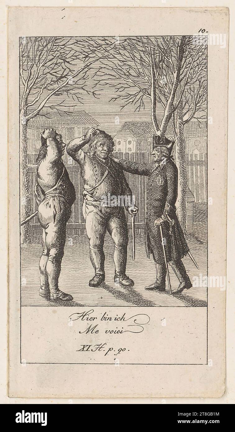 Wilhelm Chodowiecki (1765-1805), artist Daniel Nikolaus Chodowiecki (1726 - 1801), copy after Er hat den Schmerz auf der Zunge, sheet 9 of the set 'Anekdoten und Charakterzüge Friedrichs des zweyten, König von Preussen', Daniel Nikolaus Chodowiecki (1726 - 1801), artist, sheet 10 to the 'Anekdoten und Charakterzüge Friedrichs des zweyten, Königs von Preussen', origin of the print carrier: 1788, etching on paper vergé, sheet size: 10. 6 x 5.9 cm (trimmed within platemark)' Field3 Numbered '10.' at upper right; inscribed at bottom 'Here I am, Me voici Stock Photo