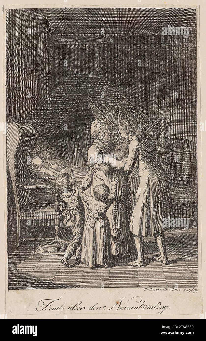 Daniel Nikolaus Chodowiecki (1726 - 1801), artist, Grateful memory The survivors, Daniel Nikolaus Chodowiecki (1726 - 1801), artist, Joy over the new arrival Child's bed, Print medium creation: 1797, Etching on paper vergé ?, Sheet size: 11.5 x 7.4 cm (trimmed within plate margin)' Field3 Signed and dated lower right 'D: Chodowiecki delineavit: & sculpsit: 1797'; inscribed below Stock Photo