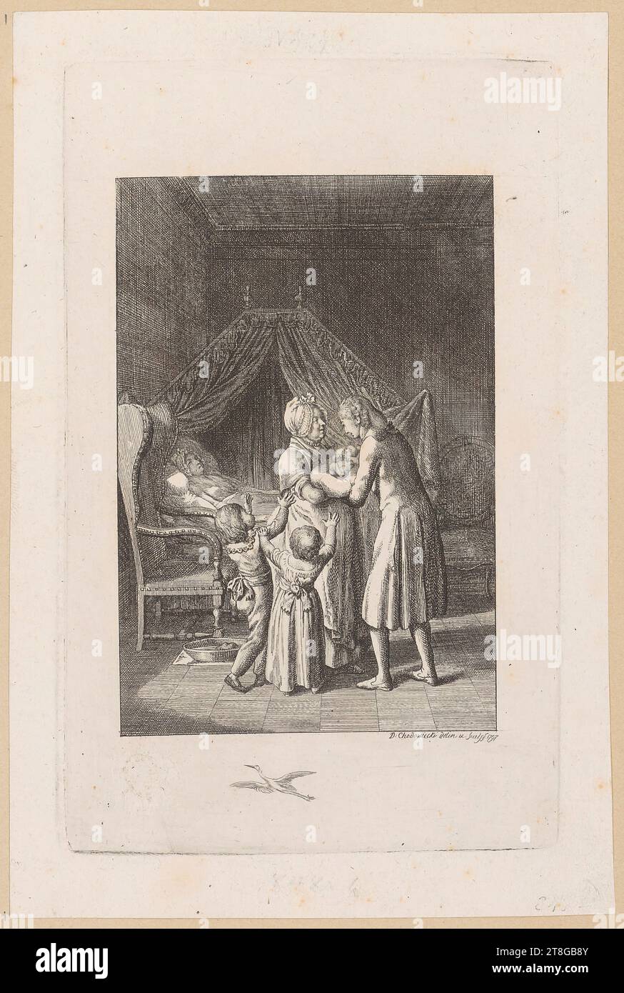 Daniel Nikolaus Chodowiecki (1726 - 1801), Artist, Grateful Memory Those Left Behind, Daniel Nikolaus Chodowiecki (1726 - 1801), Artist, Joy over the New Arrival Childbed, Print medium creation: 1797, Etching on wove paper (papier vélin), Sheet size: 17.1 x 11.5 cm Plate margin: 14.9 x 8.3 cm, Signed and dated at lower right 'D: Chodowiecki delineavit: & sculpsit: 1797', Verso lower right red Stock Photo