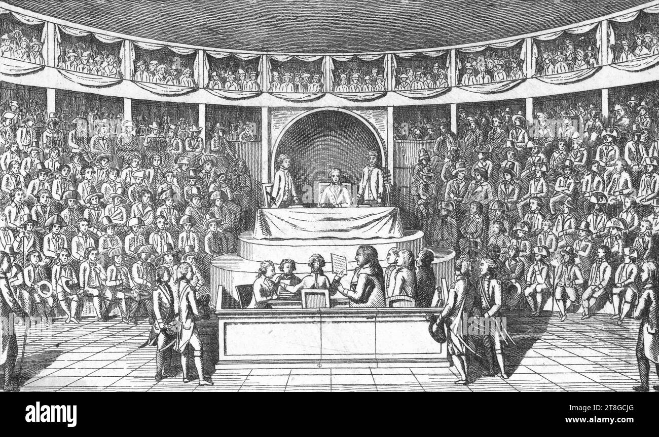 Trial of Louis XVI at the Assembly of the National Convention, Salle du Manège, Palais des Tuileries, December 11, 1792. Print Nº179, p.533 from the Journal des Révolutions de Paris, des 8-15 December 1792, Anonyme, Engraver, Printer Prudhomme, Publisher, In 1792, Print, Graphic Arts, French Revolution, Print, Dimensions - Work: Height: 12.9 cm, Width: 19.6 cm, Dimensions - Mounting:, Height: 32.5 cm, Width: 50 cm Stock Photo