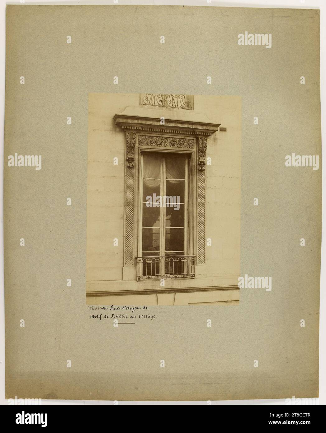 Window motif on 1st floor, house at 31 rue d'Anjou, 8th arrondissement, Paris, Photographer, 19th-20th century, Photography, Graphic arts, Photography, Albumen print, Dimensions - Work: Height: 28.9 cm, Width: 20.8 cm, Dimensions - Antique mount:, Height: 53.9 cm, Width: 43.1 cm Stock Photo