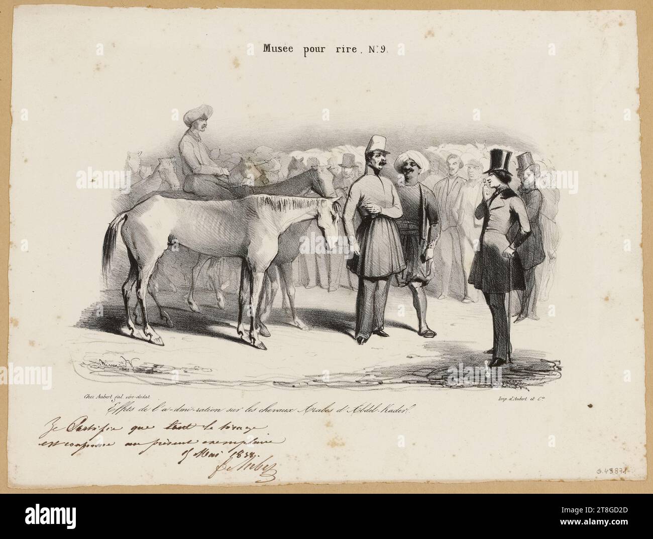 Museum for laughs. N°9, Effects of a-dmi-ration on Arab horses by Abdel-Kader, Draftsman-lithographer, Aubert et Cie, Publisher, After 1830, Print, Graphic arts, Print, Lithography, Dimensions - Work: Height: 27 cm, Width: 36 cm, Dimensions - Assembly:, Height: 32.7 cm, Width: 49.8 cm Stock Photo