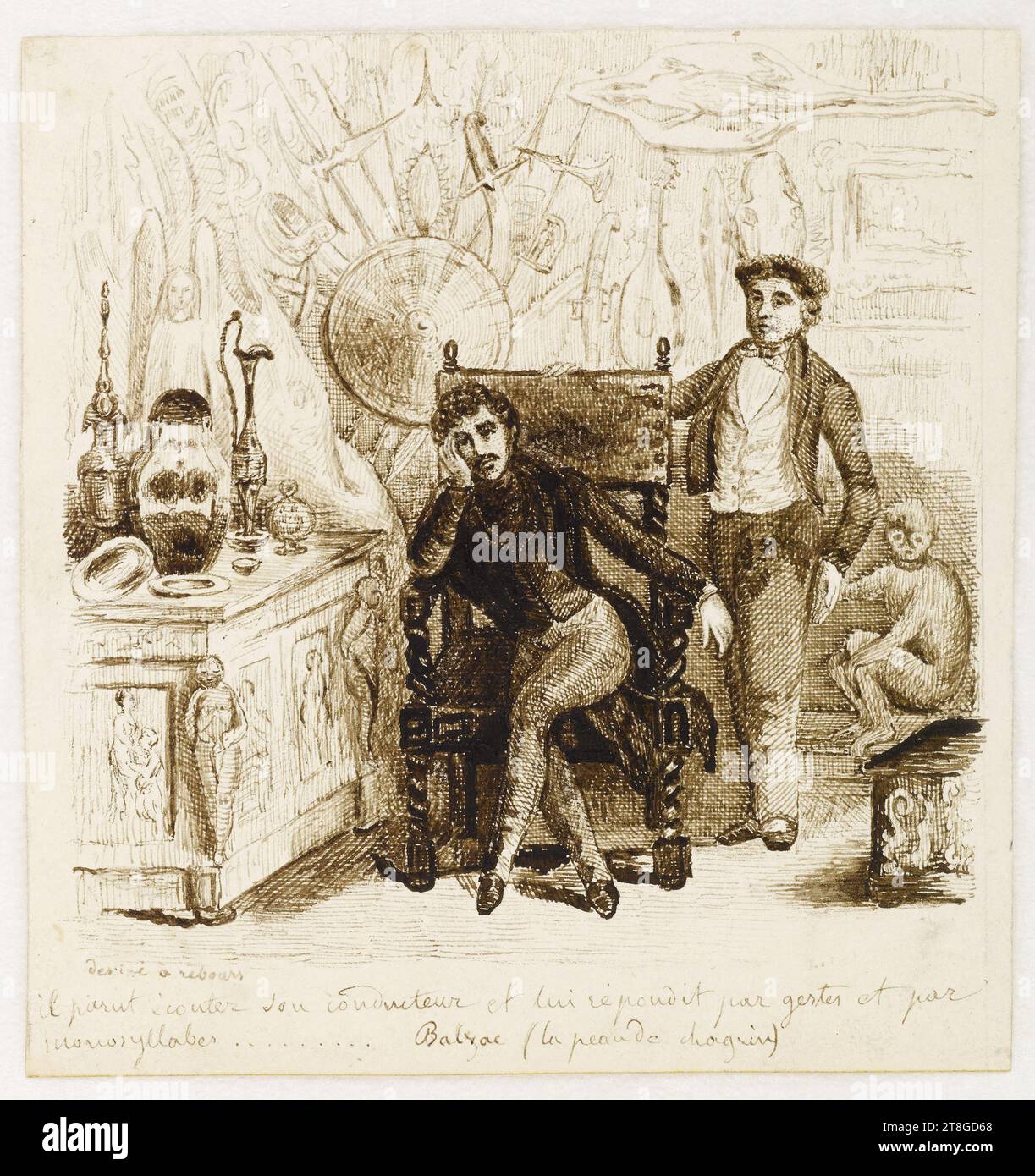 Raphaël de Valentin meditating on the antiquities presented by the young antiquarian, Draughtsman, Janet, Ange-Louis (dit Janet-Lange), Draughtsman, Langlois, Philibert, Engraver, In 1838, 19th century, Graphic arts, Drawing, Ink, Vellum, Dimensions - Image:, Height: 11.3 cm, Width: 10.6 cm Stock Photo