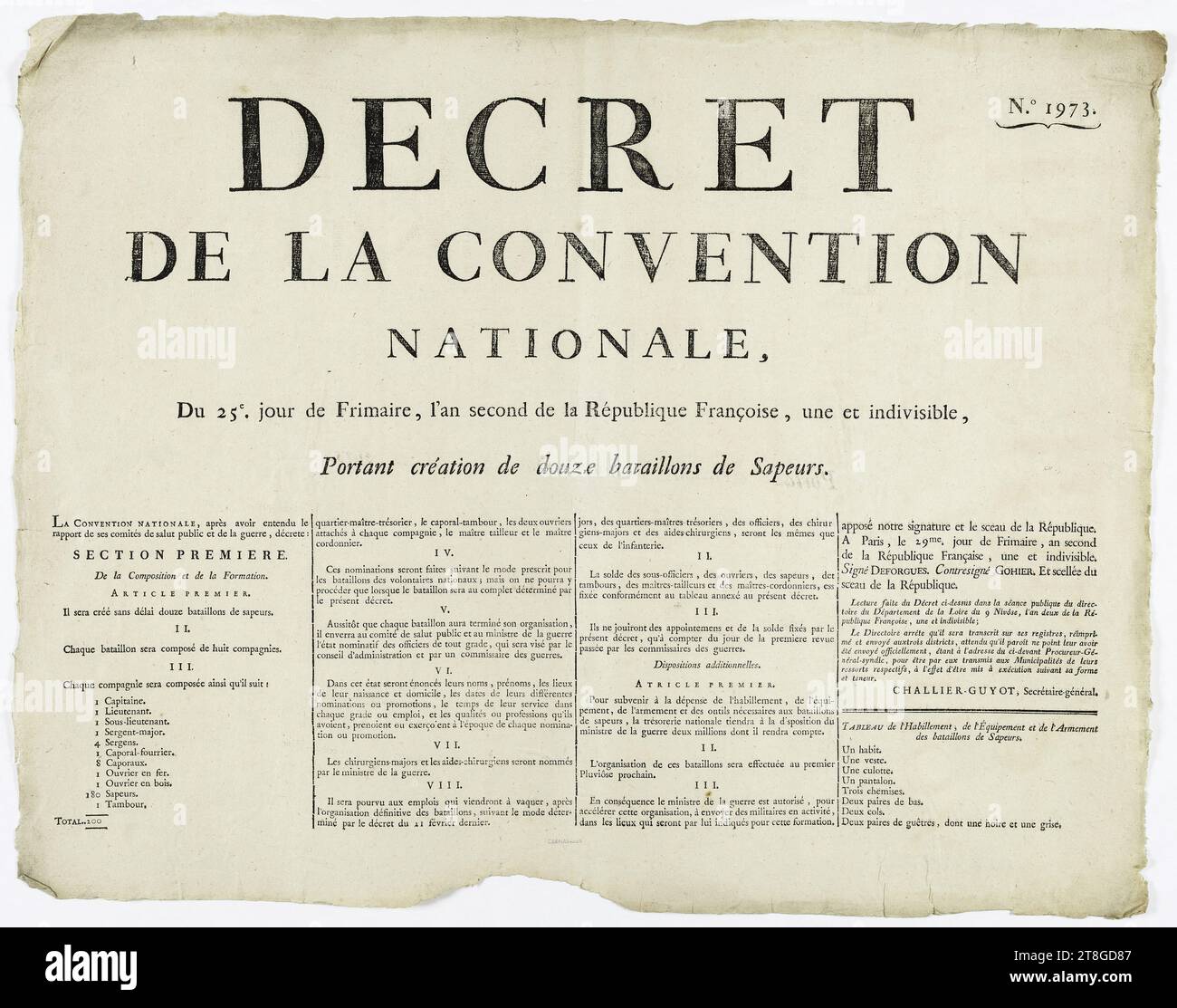 No. 1973., DECREE, OF THE CONVENTION, NATIONAL, Of the 25th. day of Frimaire, the second year of the French Republic sic, one and indivisible, Creating twelve battalions of Sapeurs, In 1793, Graphic arts, Manuscripts, printed matter, binding, Poster, Typography u003d letterpress printing, Dimensions - Work: Height: 41.2 cm, Width: 52.7 cm Stock Photo