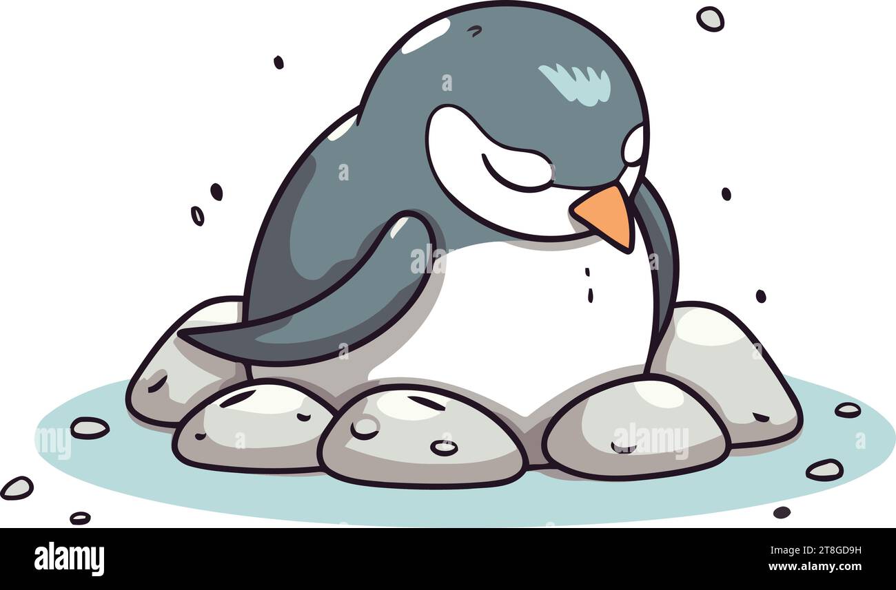 Cute penguin sitting on a rock. Vector cartoon illustration Stock