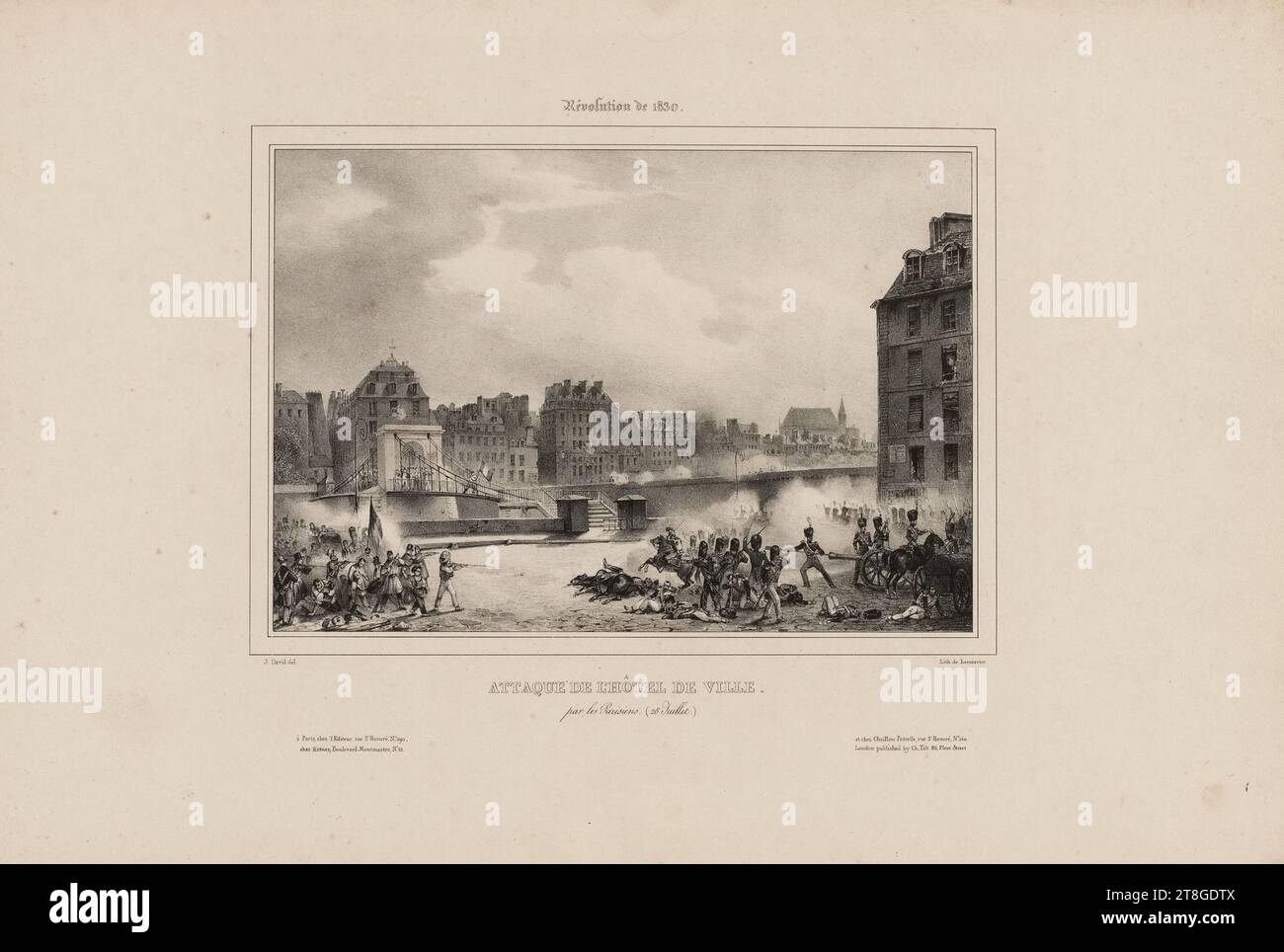 Revolution of 1830, Attack of the Town Hall, by the Parisians (July 28), Engraver, David, Jules, Author of the model, Lemercier, Charles Nicolas, Printer-lithographer, Rittner, Henri, Editor, Chaillou-Potrelle, Editor, Tilt or Thilt, Charles, Editor, Circa 1830, Print, Graphic arts, Print, Lithography, Dimensions - Work: Height: 31 cm, Width: 46. 5 cm, Dimensions - Mounting:, Height: 32.6 cm, Width: 49 cm Stock Photo