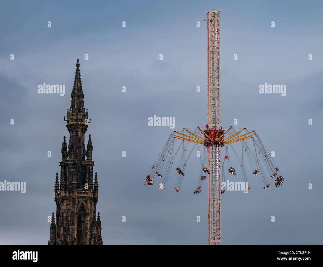 Edinburgh, Scotland, UK, 20th November 2023. Christmas Scenes: The lights of the Christmas market and star flyer funfair ride are an attraction in the dusk light. Credit: Sally  Anderson/Alamy Live News Stock Photo