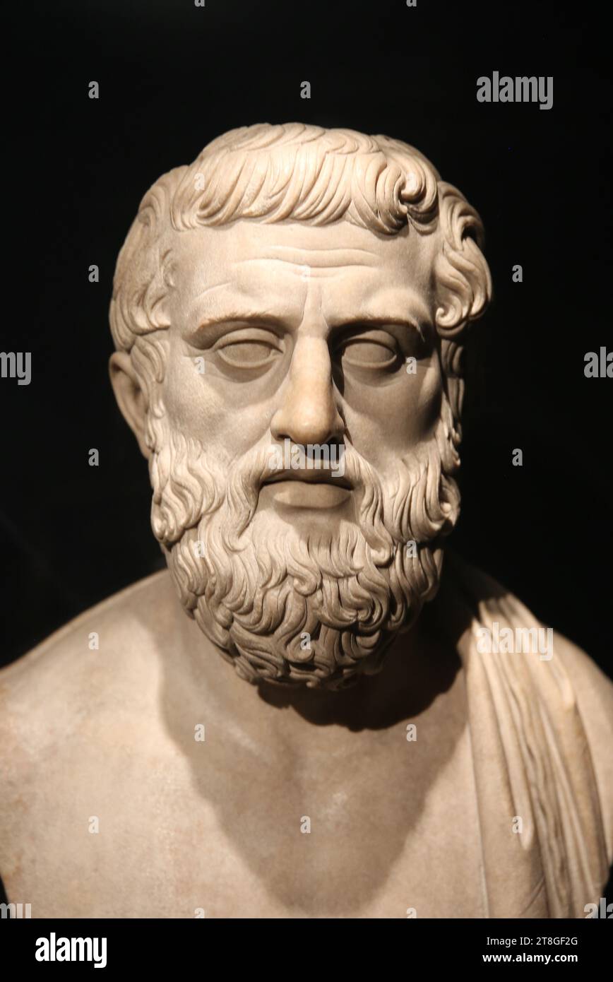 Marble bust of a bearded man resembling Sophocles (Greek original now lost).Laxio. Italy. c. 100-120. Brisith Museum. London. GBR Stock Photo