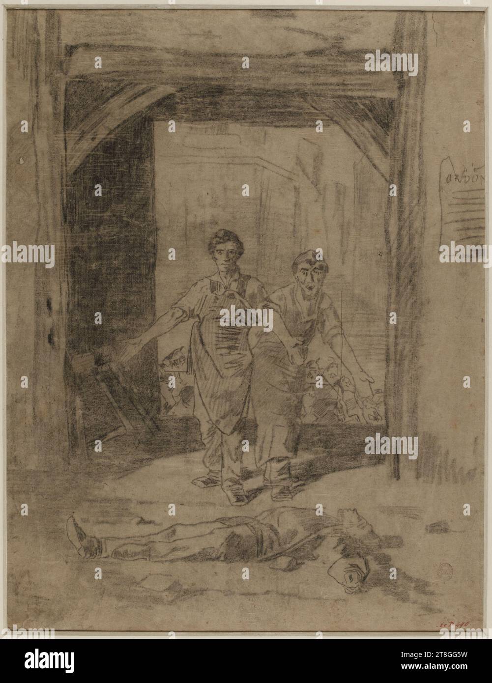 Scene from the July Revolution of 1830. Two typographers in front of a victim, Anonyme, Dessinateur, En 1830, 19e siècle, Dessin, Arts graphiques, Dessin, Dimensions - Work: Height: 41.5 cm, Width: 54.5 cm Stock Photo