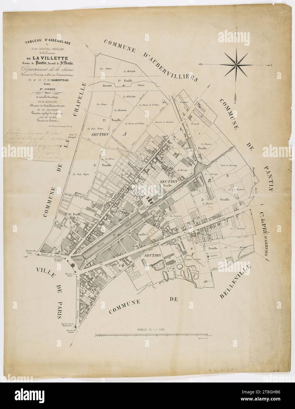 Assembly table, of the plot cadastral plan, of the Commune, of Villette, Canton of Pantin arrondt of St Denis, Engraver, Unknown, Publisher, Print, Graphic arts, Map (geography, astronomy), Photomechanical process, Dimensions - Work: Height: 70 cm, Width: 55 cm Stock Photo