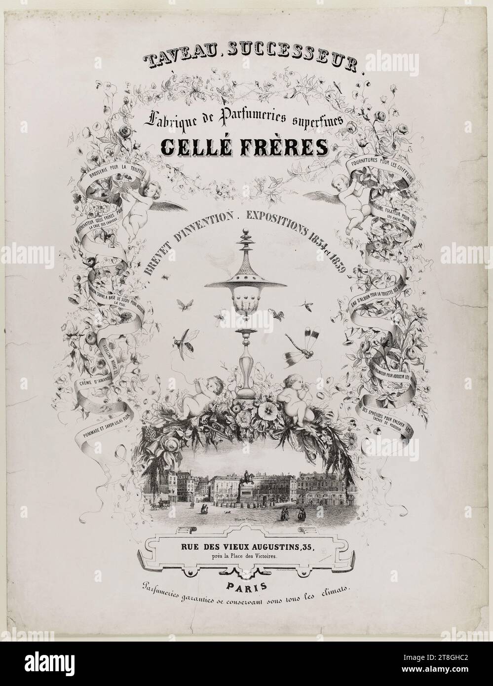 TABLE. SUCCESSOR., Superfine Perfumery Factory, GELLE FRERES, PATENT OF INVENTION. EXHIBITIONS 1834 and 1839, RUE DES VIEUX AUGUSTINS, 35, near Place des Victoires., PARIS, Perfumeries guaranteed to keep in all climates, Imprimerie Lemercier, Printer, Between 1840 and 1860, Graphic arts, Poster, Dimensions - Work: Height: 70.9 cm, Width: 52.4 cm, Dimensions - Mounting:, Height: 75.7 cm, Width: 59.2 cm Stock Photo