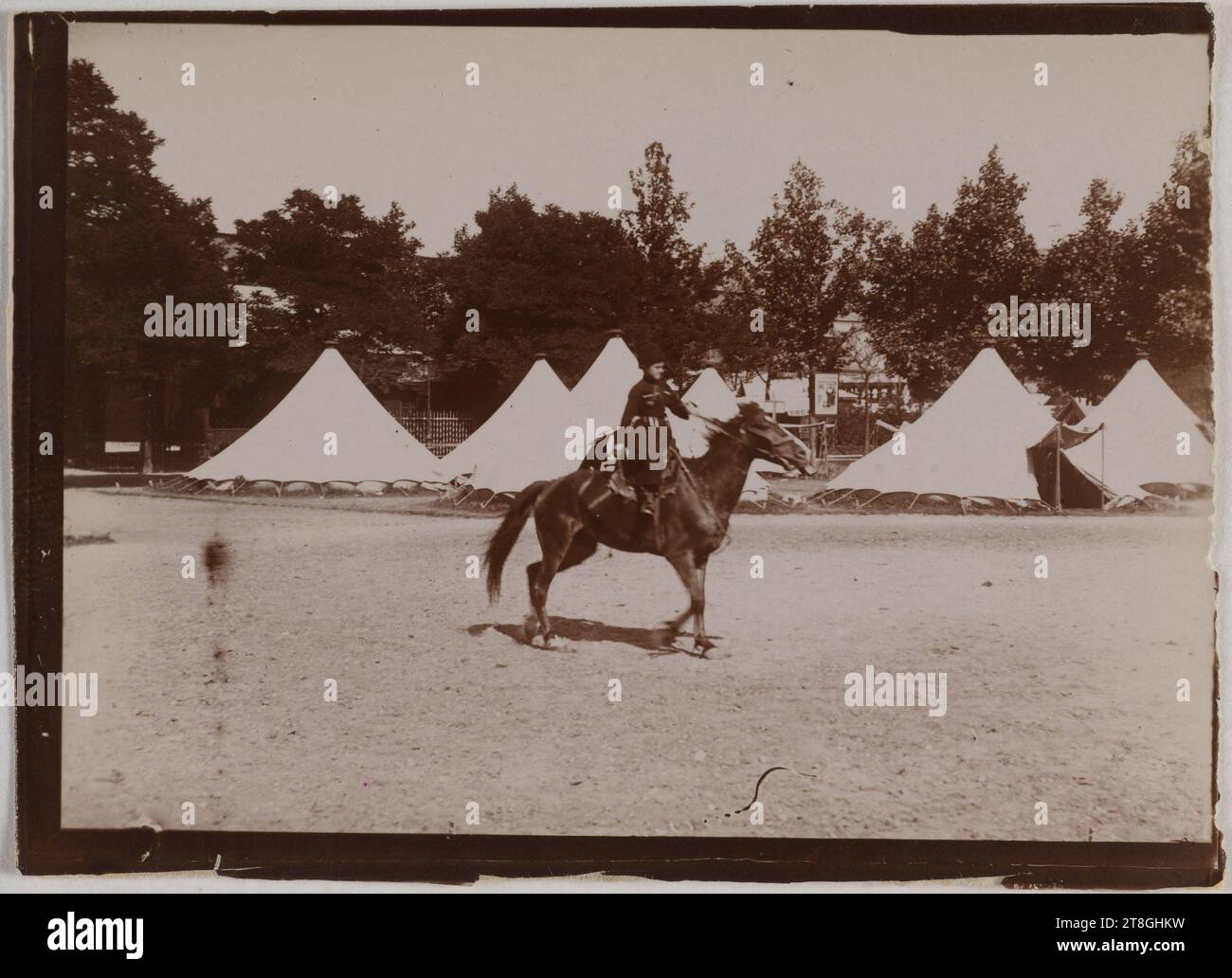 Tents and Russian Horseman ?, Lappish Encampment Recreated for the 1900 World's Fair, Paris, Photographer, In 1900, 19th-20th century, Photography, Graphic Arts, Photography, Developed gelatin silver chloride print, Dimensions - Image:, Height: 6 cm, Width: 8.6 cm, Dimensions - Margin:, Height: 6.4 cm, Width: 9 cm Stock Photo