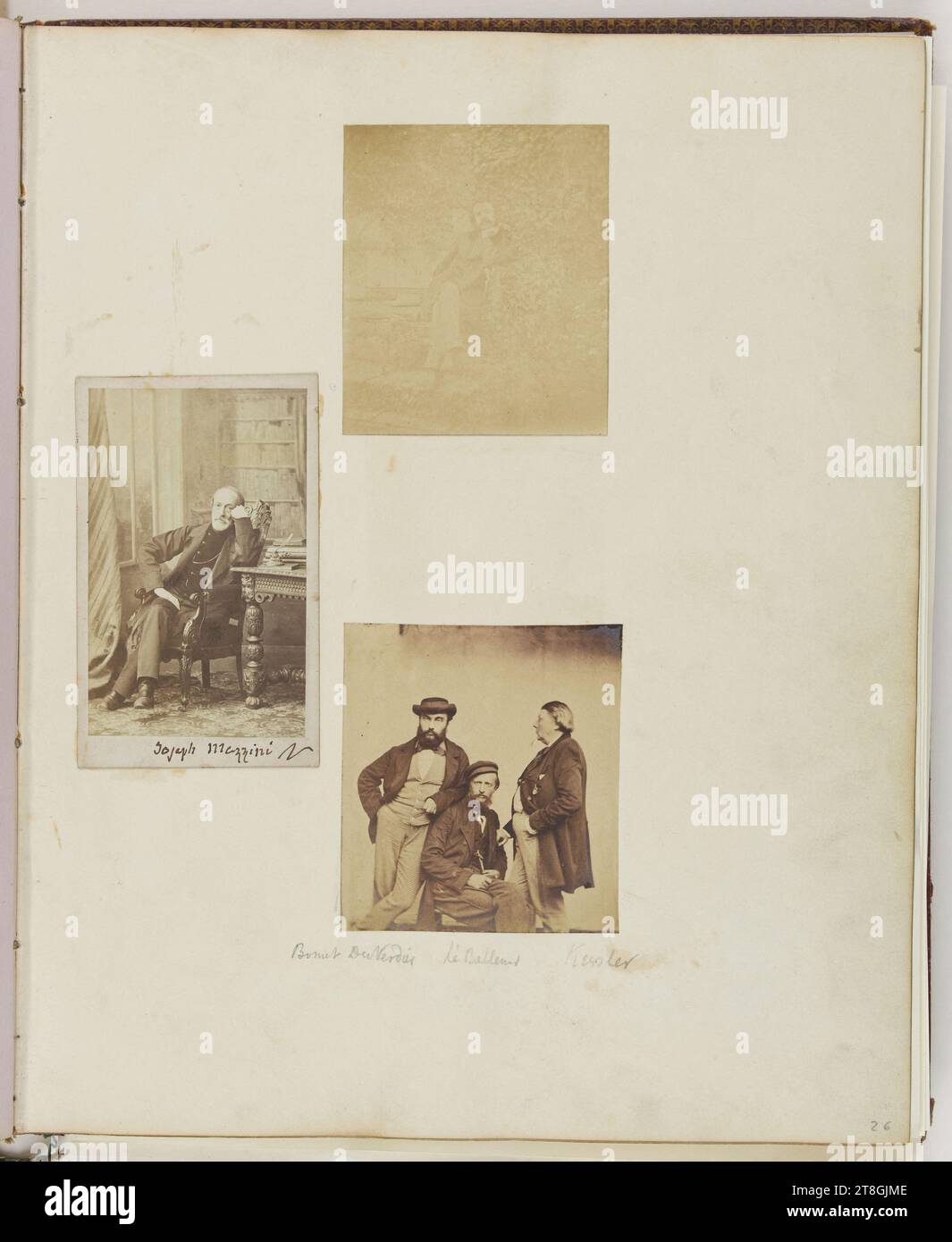 Three photographs with François-Victor Hugo; Joseph Mazzini; Bonnet-Duverdier, Leballeur et Henneth de Kesler, Photographer, Between 1860-1862, 2nd half of the 19th century, Maison de Victor Hugo - Hauteville House, Manuscripts, prints, binding, Photography, Album, Photography, Albumen print, Dimensions - Work: Height: 7.8 cm, Width: 7.2 cm, Dimensions - Page - Folio:, Height: 28 cm, Width: 22.6 cm Stock Photo