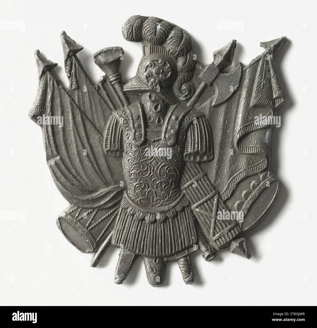 Trophy composed of an antique cuirass surmounted by a crested helmet and placed on a lictor's bundle and an ax in saltire, four flags, and a drum, s. d., Medal engraver, 19th century, Numismatics, Medal, Zinc, Dimensions - Work: Height: 4 cm, Width: 3.2 cm, Weight (type dimension): 17.82 g Stock Photo