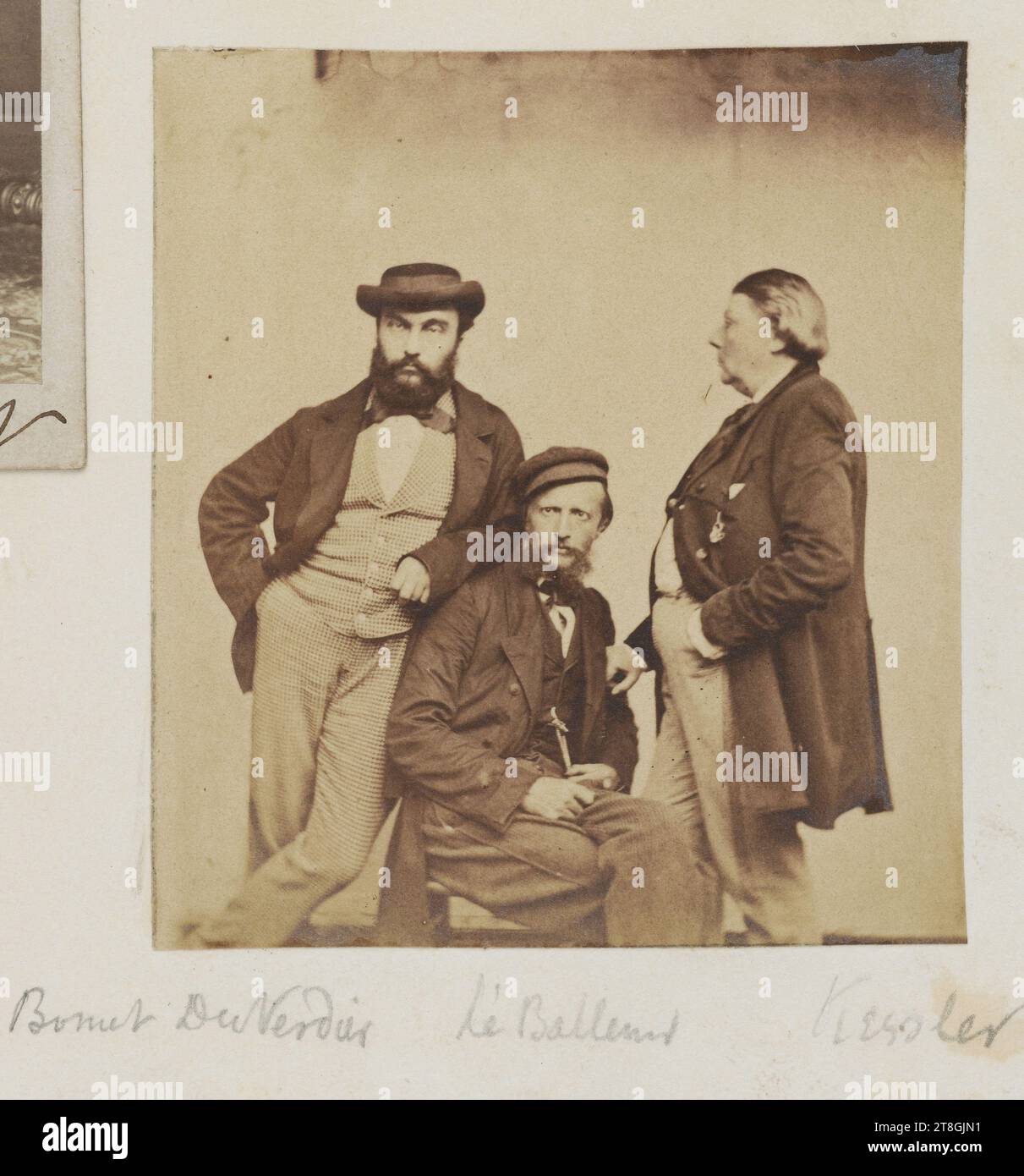 Three photographs with François-Victor Hugo; Joseph Mazzini; Bonnet-Duverdier, Leballeur et Henneth de Kesler, Photographer, Between 1860-1862, 2nd half of the 19th century, Maison de Victor Hugo - Hauteville House, Manuscripts, prints, binding, Photography, Album, Photography, Albumen print, Dimensions - Work: Height: 7.8 cm, Width: 7.2 cm, Dimensions - Page - Folio:, Height: 28 cm, Width: 22.6 cm Stock Photo