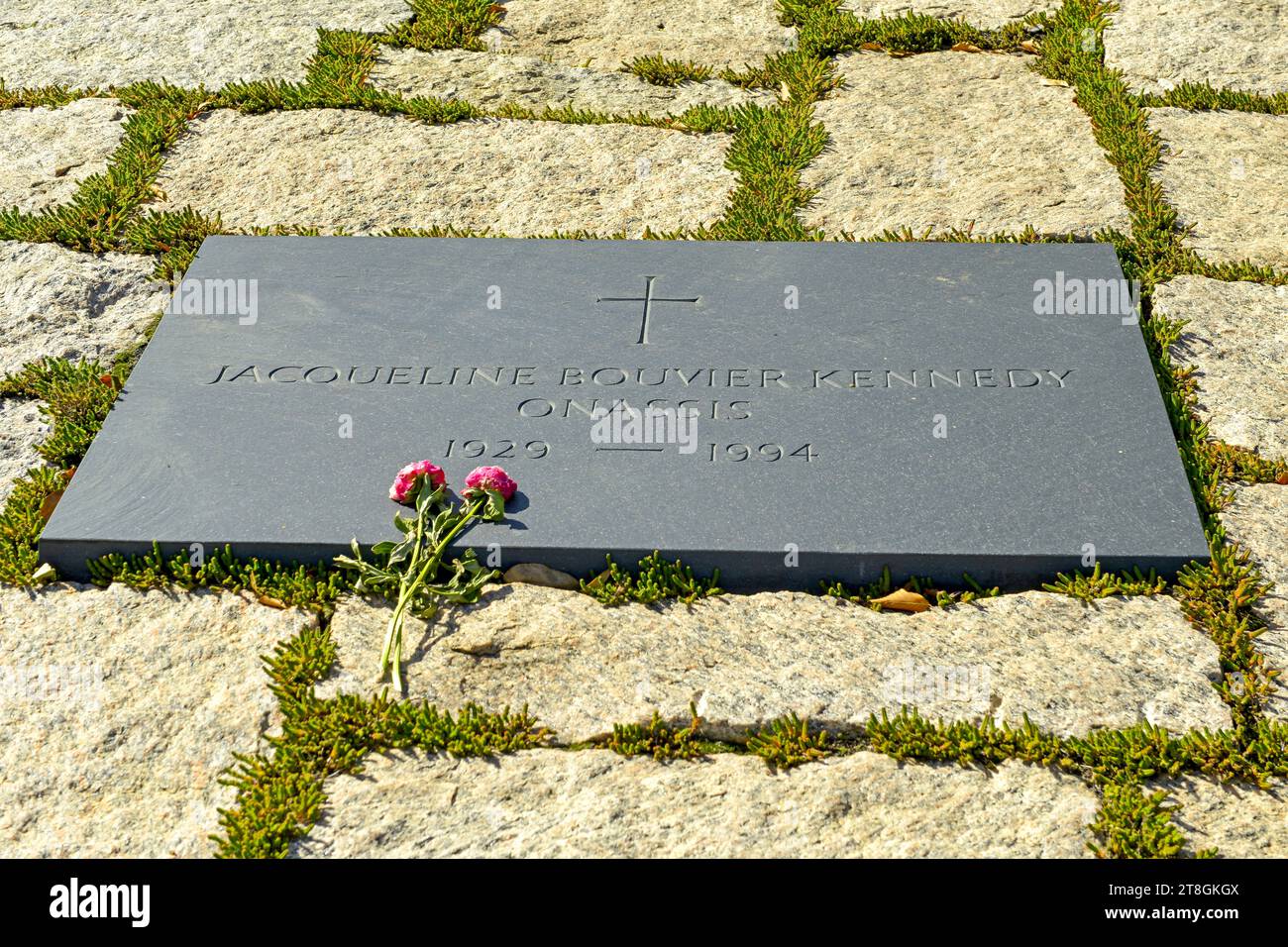 The headstone of Jacqueline Bouvier Kennedy Onassis at Arlington National Cemetery in Virginia Stock Photo