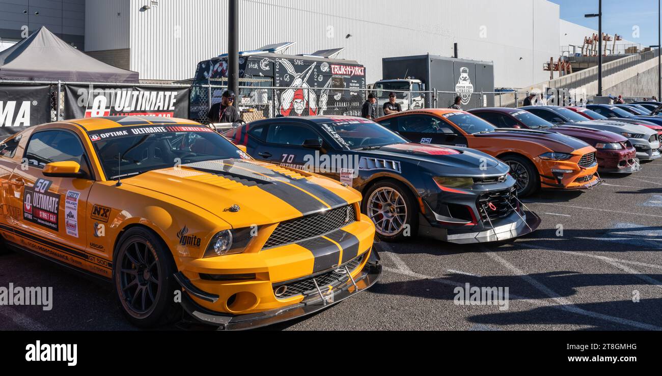 LAS VEGAS, NV/USA - NOVEMBER 2, 2023: Row of Ford Mustang Ultimate Street Cars, Specialty Equipment Market Association (SEMA) auto trade show. Stock Photo