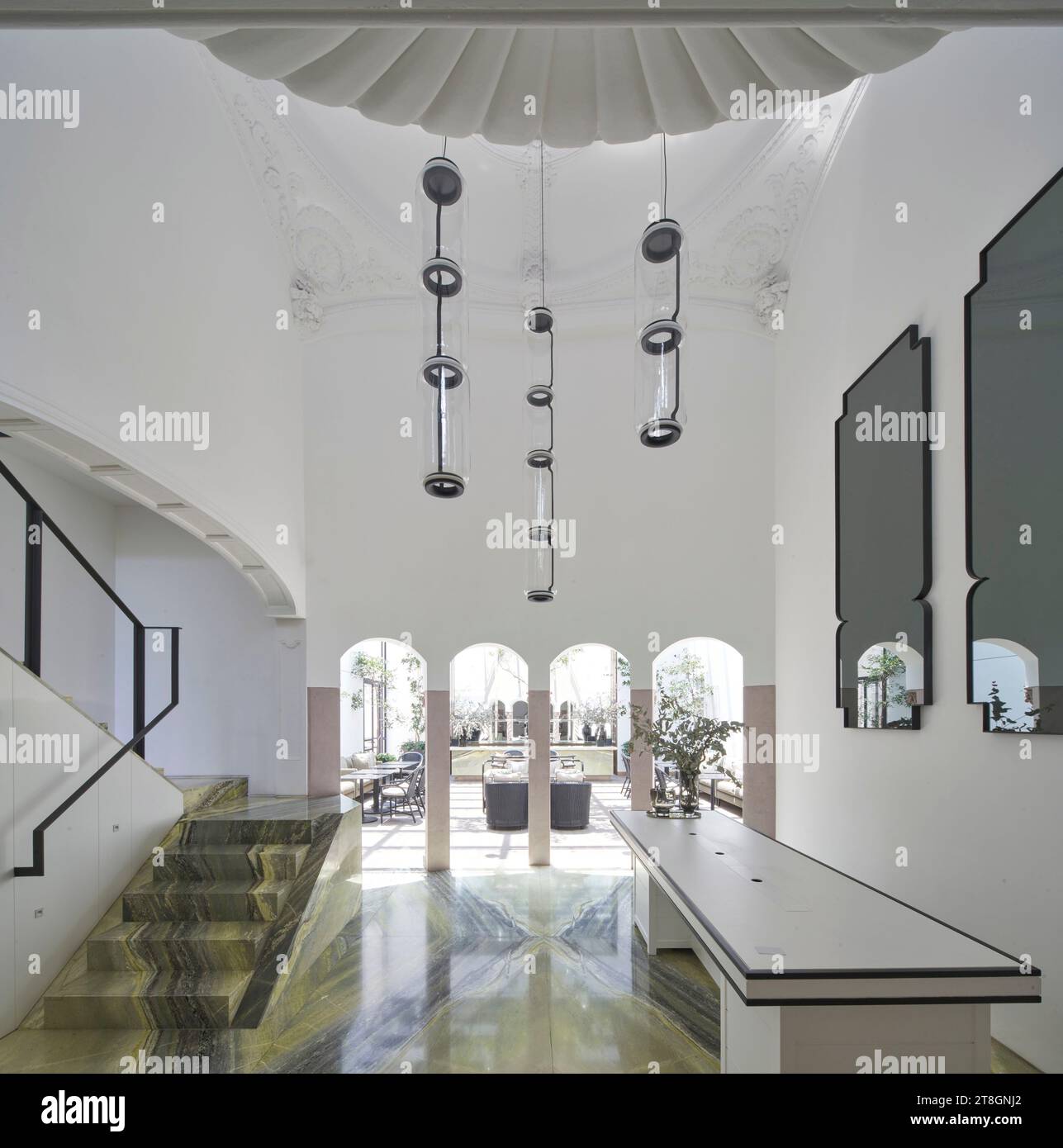 Reception lounge with stairway. Hotel Casa Polanco, Mexico City, Mexico