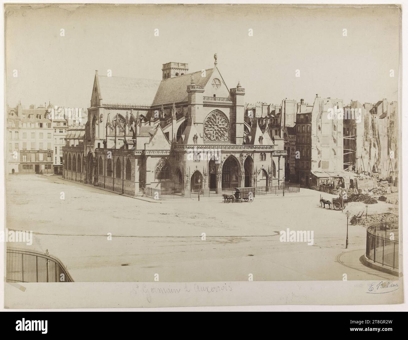 Church of Saint-Germain-l'Auxerrois and the Café Momus (literary cenacle), 1st arrondissement, Paris, Baldus, Edouard, Photographer, Between 1857 and 1862, Photography, Graphic arts, Photography, Salted paper print, Dimensions - Work: Height: 31.5 cm, Width: 44.5 cm, Dimensions - Antique mount:, Height: 34.5 cm, Width: 45.2 cm Stock Photo