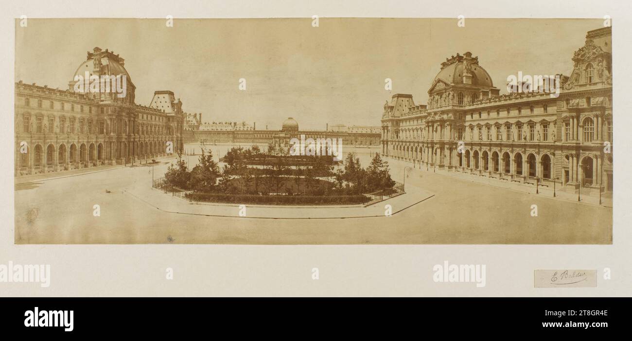 The Cour Richelieu of the Louvre Palace, the Richelieu Pavilion, the Denon Pavilion, the Arc de Triomphe du Carrousel and the Tuileries, seen from the Pavillon de l'Horloge, 1st arrondissement, Paris, Baldus, Edouard, Photographe, Between 1854 and 1857, Photography, Salted paper print, Paris, Dimensions - Work: Height: 22 cm, Width: 57.9 cm, Dimensions - Mounting:, Height: 50 cm, Width: 65 cm Stock Photo