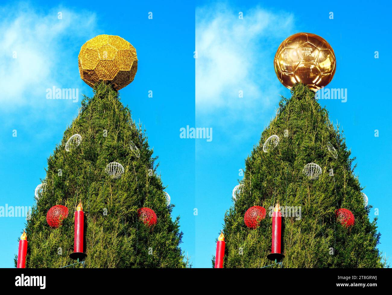 ACHTUNG: rechts Fotomontage! Dortmund, 20.11.2023: Eine goldene Kugel krönt den welweit größten Weihnachsbaum auf dem Dortmunder Weihnachtsmarkt. Das Aussehen ähnelt dem 'Ballon d´Or', mit dem die FIFA den Fußballspieler des Jahres auszeichnet. Der Baum ist 45 Meter hoch, besteht aus 1700 Rotfichten aus dem Sauerland und ist mit 48.000 LED-Lichtern behängt. Die Kugel auf der Spitze ähnelt einem Fußball und wird deshalb als geschmacklos und zu Weihnachten unpassend kritisiert. Stock Photo