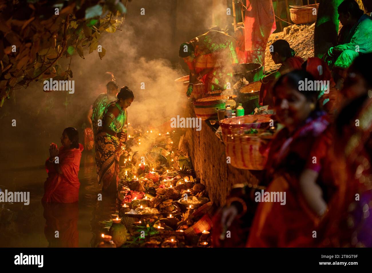 Chhath Puja is a four-day Hindu festival dedicated to the worship of the Sun God, Surya, and his consorts Usha and Pratyusha. Stock Photo