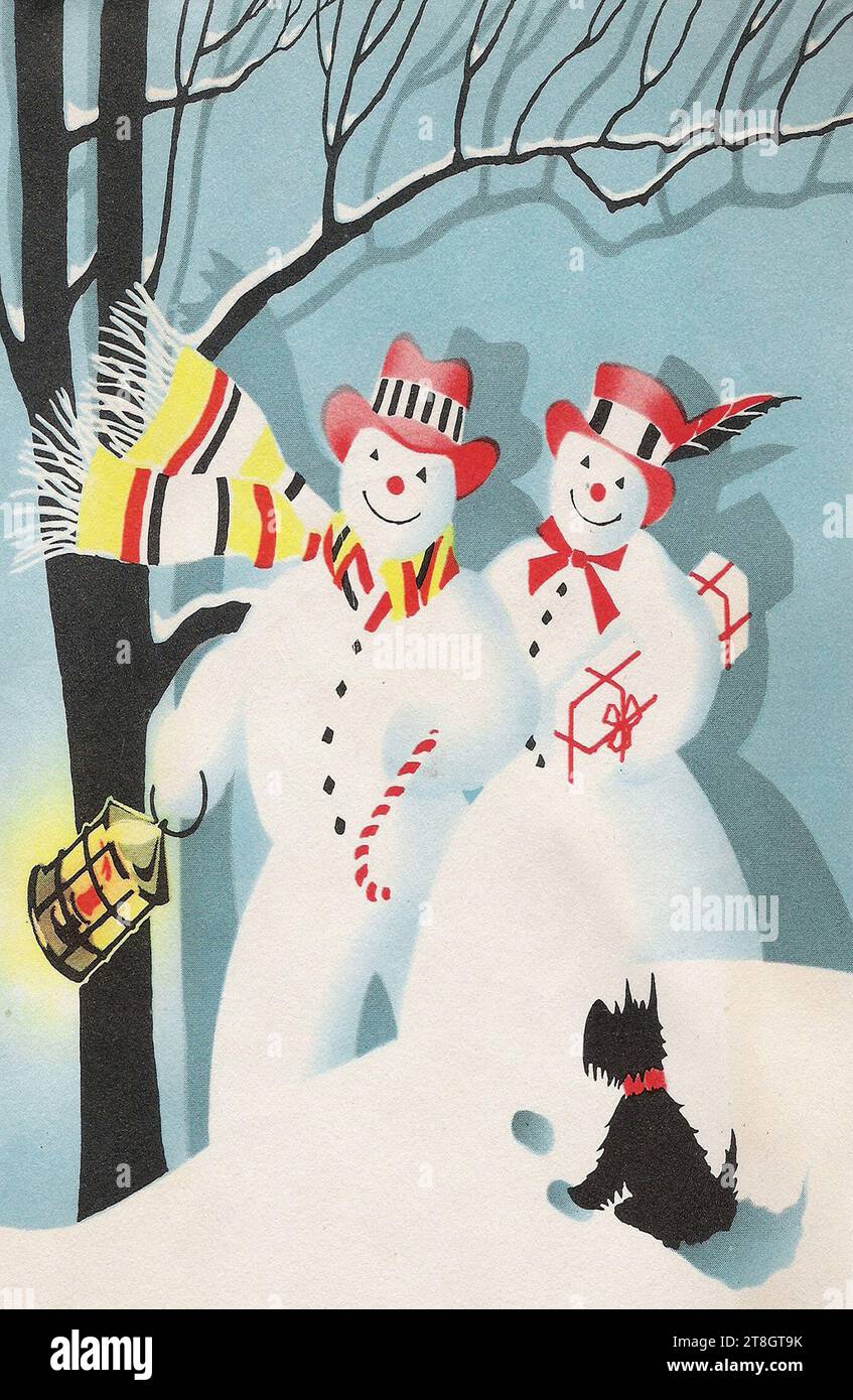 Vintage Christmas, winter illustrations of snowmen (and usally the snowman's good lady wife) Stock Photo