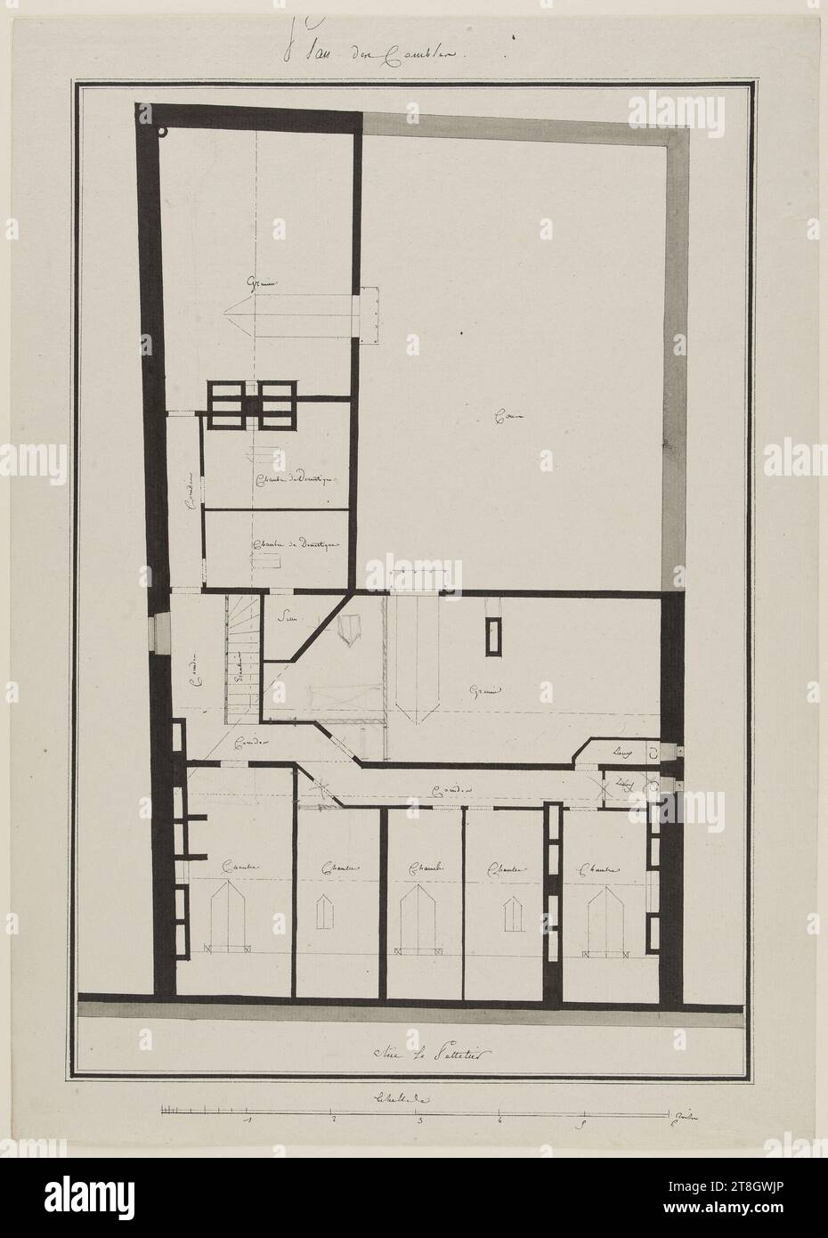 Plan des combles d'une maison rue Le Peletier, 9e arrondissement, Paris, Barré, Jean-Benoit Vincent, Architect, Between 1735 and 1824, Graphic arts, Drawing, Plan, section, elevation, Dimensions - Square line:, Height: 39 cm, Width: 26.8 cm, Dimensions - Work: Height: 43.6 cm, Width: 31.3 cm, Dimensions - Mounting:, Height: 50 cm, Width: 40 cm Stock Photo