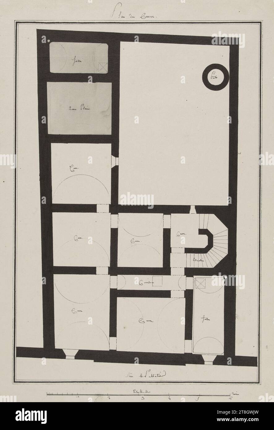 Plan des caves d'une maison rue Le Peletier, 9e arrondissement, Paris, Barré, Jean-Benoit Vincent, Architect, Array, Graphic arts, Drawing, Plan, section, elevation, Dimensions - Square line:, Height: 38.9 cm, Width: 26.7 cm, Dimensions - Work: Height: 43.9 cm, Width: 31.6 cm, Dimensions - Mounting:, Height: 50 cm, Width: 40 cm Stock Photo