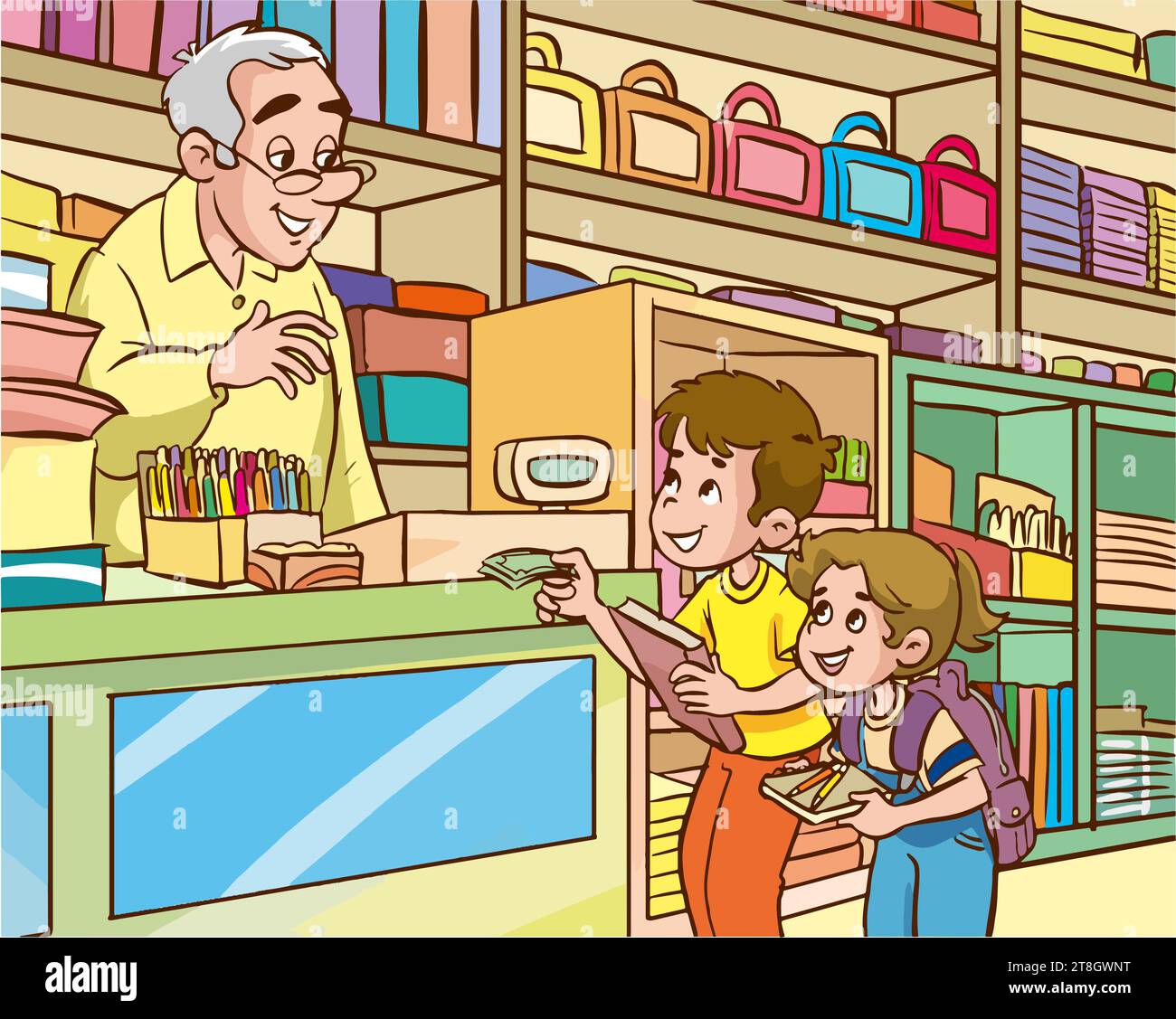 children shopping for school from stationery cartoon vector Stock