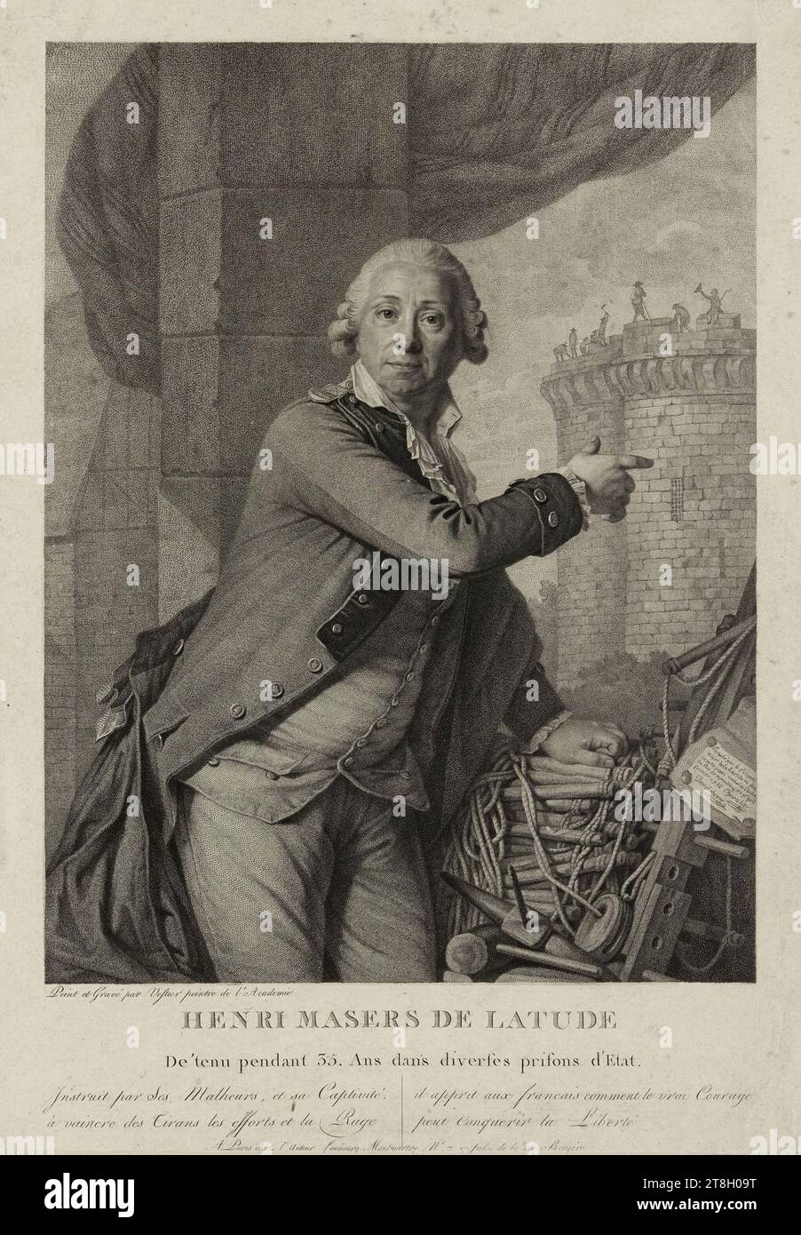 Henri Masers Latude, Detained 35. Ans dans diverses prisons d'Etat, Vestier, Antoine, Engraver, Unknown, Publisher, Print, Graphic arts, Print, Etching, Pointillé (etching), Dimensions - Work: Height: 35.7 cm, Width: 25 cm, Dimensions - Mounting:, Height: 50 cm, Width: 32.5 cm Stock Photo