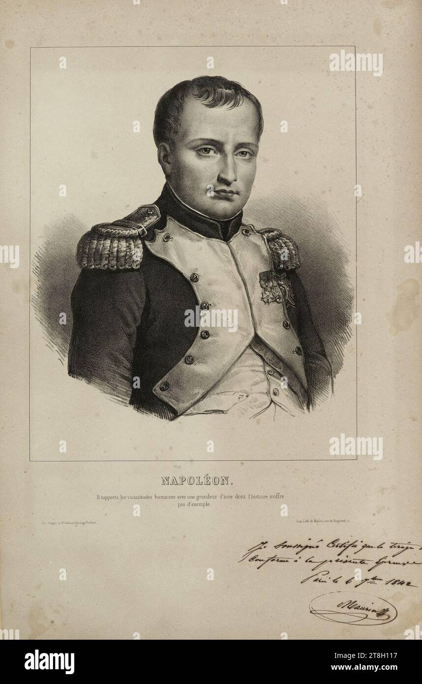 Napoleon, He endured human vicissitudes with a grandeur of soul of which history offers no example, Draftsman-lithographer, Maurin, Nicolas Eustache, Printer-lithographer, Dupin & Cie, Publisher, In 1842, Prints, Graphic arts, Prints, Lithography, Dimensions - Work: Height: 46.5 cm, Width: 30.5 cm, Dimensions - Assembly:, Height: 49.5 cm, Width: 33 cm Stock Photo