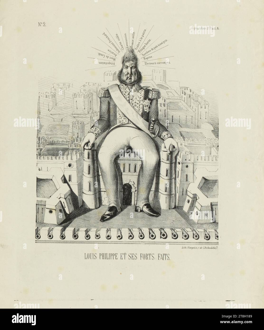 N°2, LOUIS PHILIPPE ET SES FORTS FAITS, Draftsman-lithographer, Naegelin, Jean Ulrich, Printer-lithographer, Circa 1848, Print, Graphic arts, Print, Lithography, Paris, Dimensions - Work: Height: 37.5 cm, Width: 30.8 cm, Dimensions - Assembly:, Height: 49 cm, Width: 32.5 cm Stock Photo
