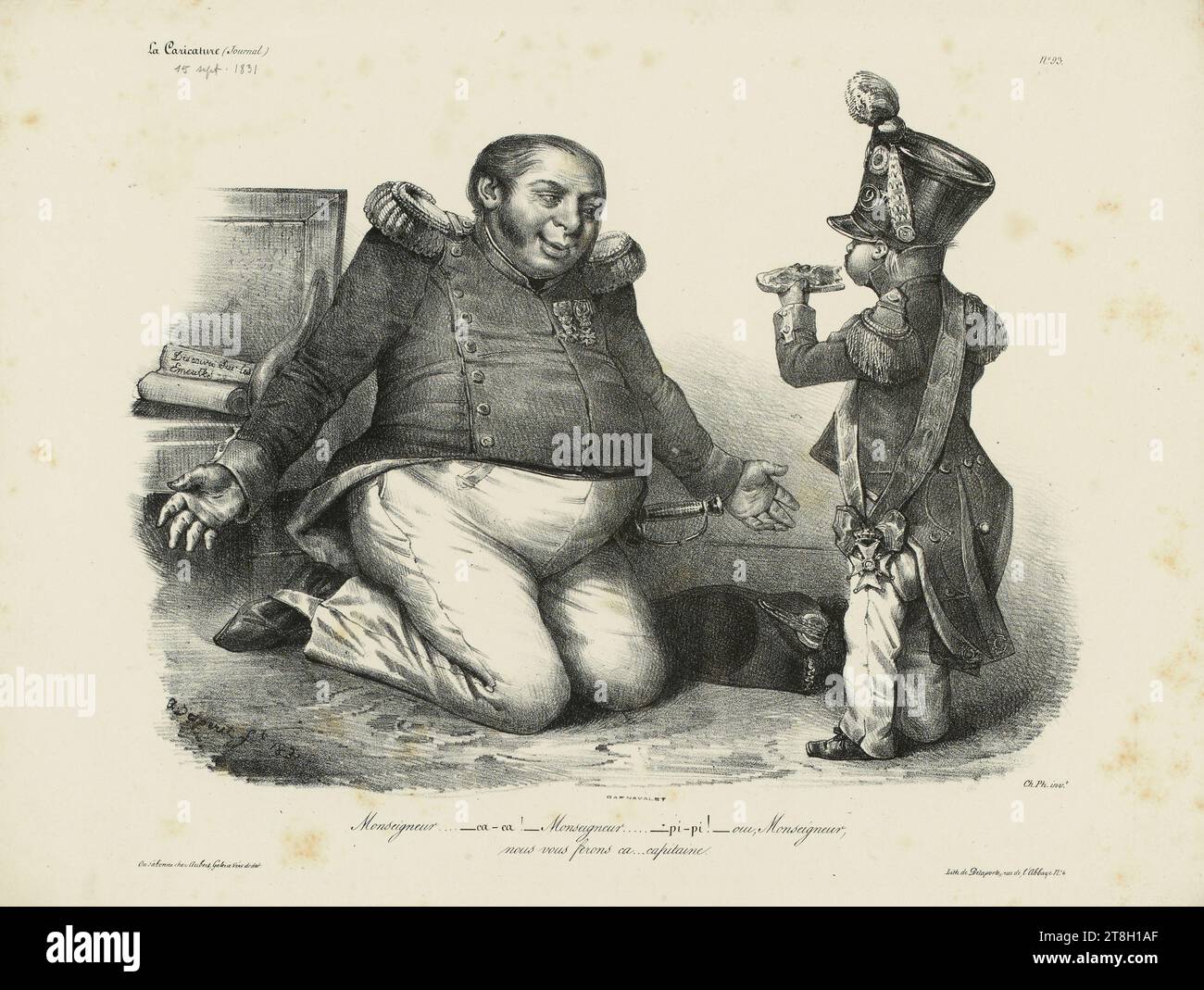 N°93, La caricature (newspaper), Monseigneur.... ca-ca! Monseigneur..... pi-pi! oui, Monseigneur ..., Draftsman-lithographer, Delaporte, Victor Hippolyte, Printer-lithographer, Aubert, Publisher, Around 1831, Print, Graphic arts, Print, Lithography, Dimensions - Work: Height: 28 cm, Width: 37.6 cm Stock Photo