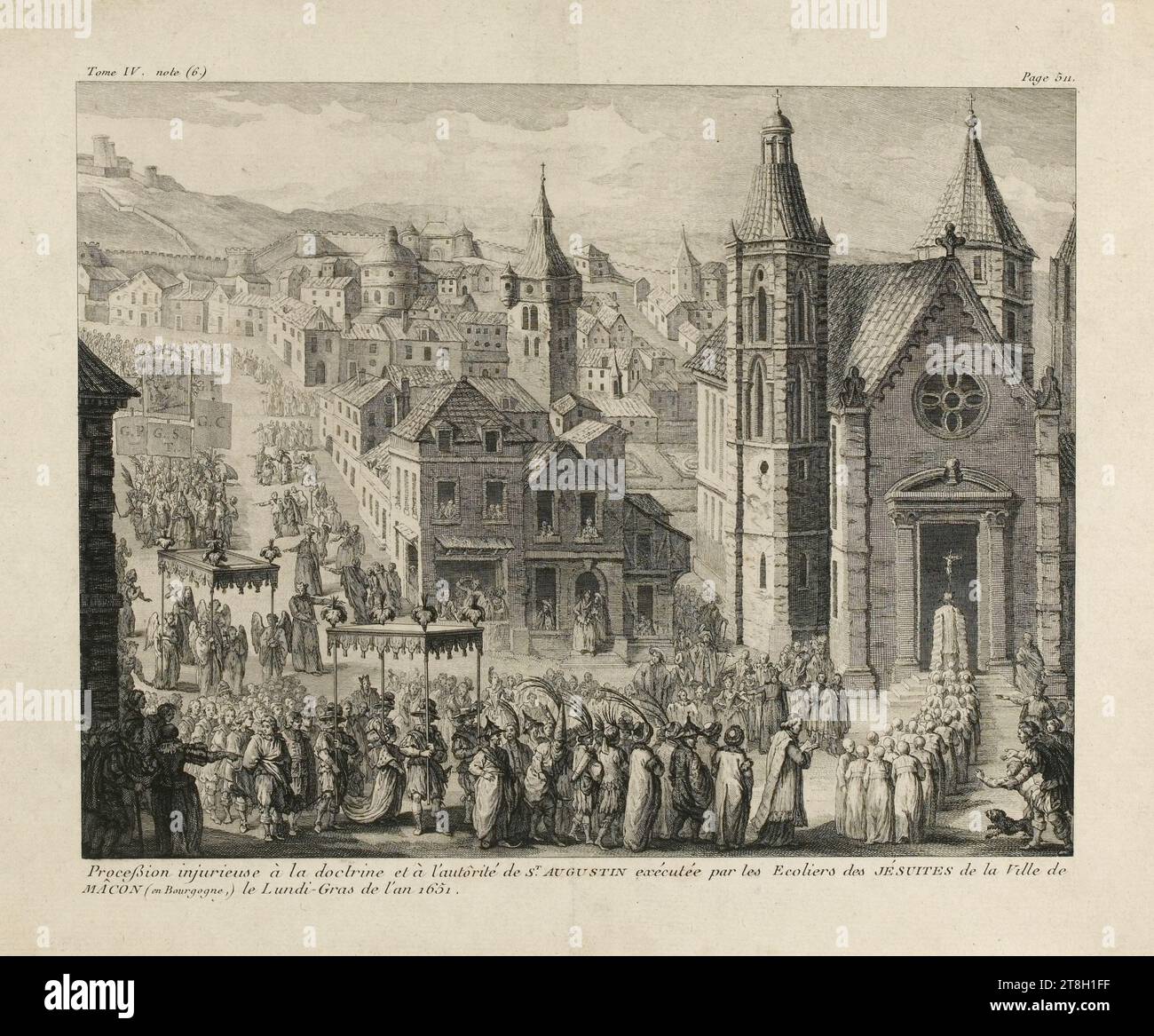 Procession insulting the doctrine and authority of St Augustine performed by the school children of the Jesuits of the city of, Mâcon (in Burgundy), Engraver, Print, Graphic art, Print, Woodcut, Dimensions - Work: Height: 25.9 cm, Width: 31.1 cm, Dimensions - Mounting:, Height: 32.6 cm, Width: 49.8 cm Stock Photo