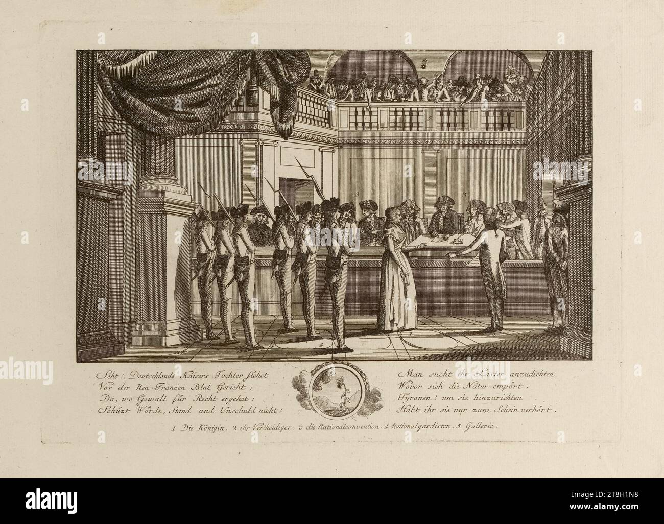 German version of Marie-Antoinette's trial before the Revolutionary Court on October 14, 1793. French Revolution, Engraver, Between 1776 and 1800, 18th century, Print, Graphic arts, French Revolution, Print, Etching, Germany, Dimensions - Work: Height: 21.8 cm, Width: 30.2 cm, Dimensions - Antique mount:, Height: 32.5 cm, Width: 50 cm Stock Photo