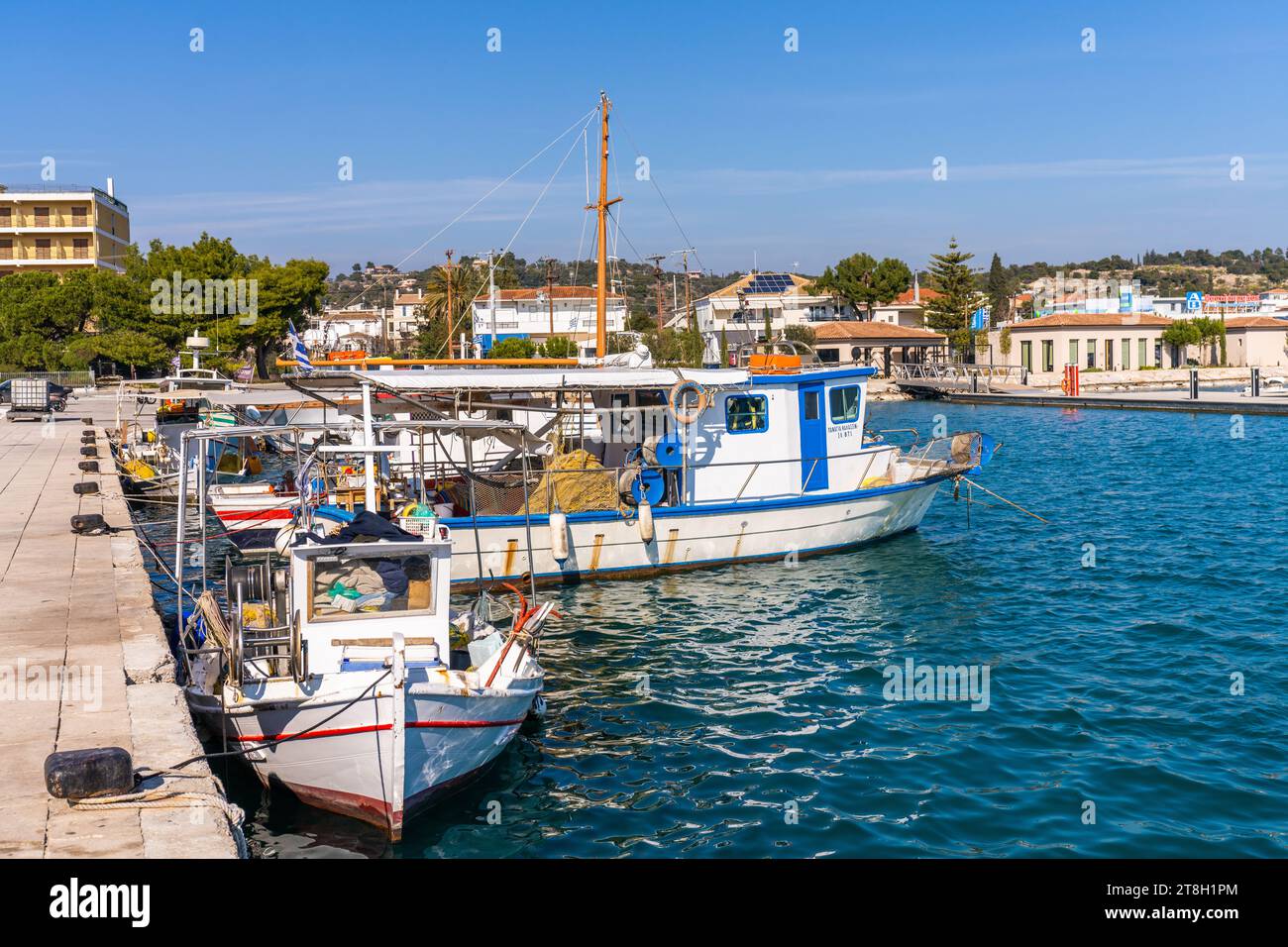 Porto Heli, Greece - 16 February 2023 - Fishing boats waiting to go out in the harbour Stock Photo