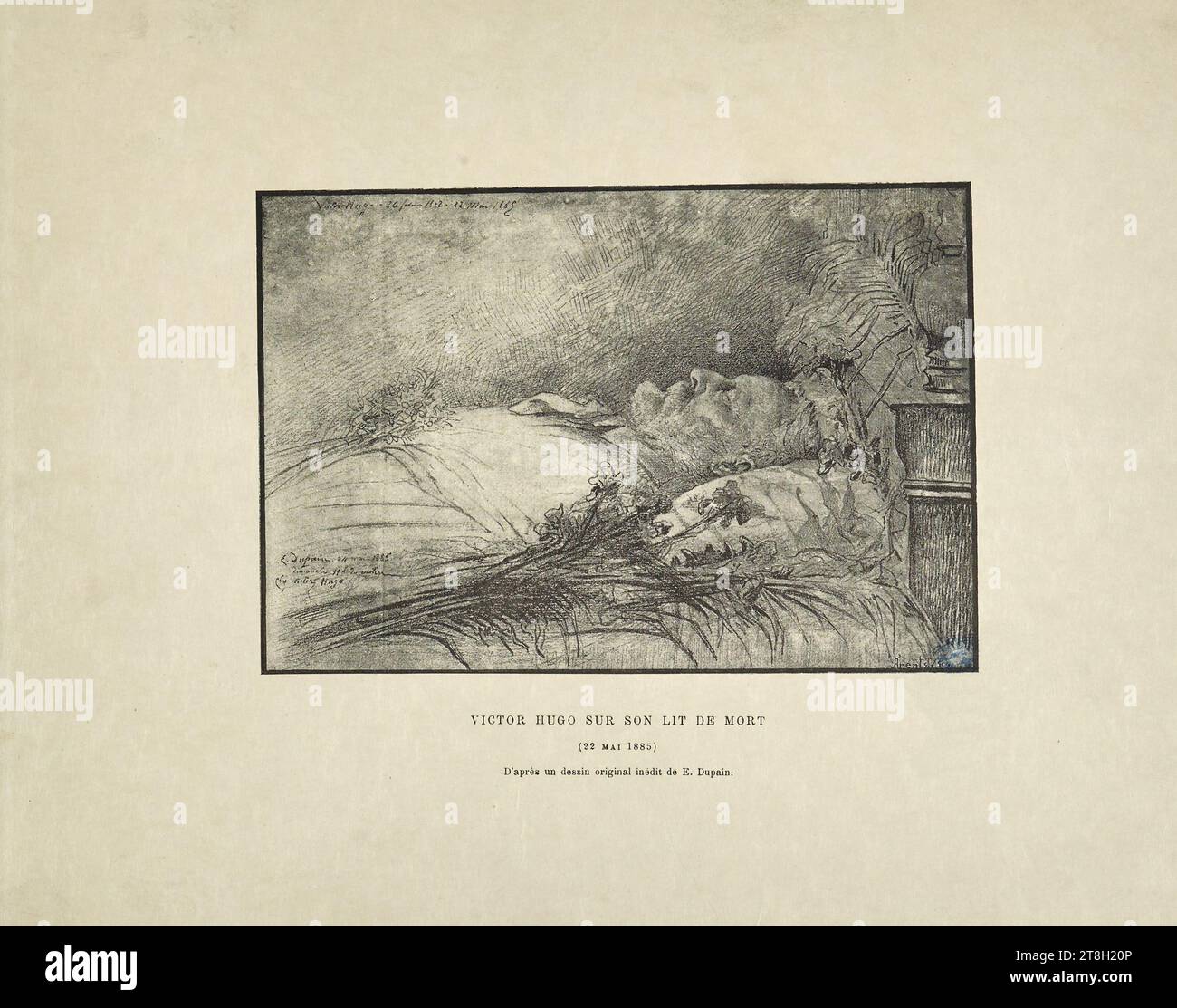 Victor Hugo sur son lit de mort, Arents, Photograveur, Dupain, Edmond, Auteur du modèle, Anonyme, Editeur, En 5-1885, 4th quarter 19th century, Print, Graphic arts, Print, Photomechanical process, Dimensions - Square line:, Height: 11.3 cm, Width: 16.7 cm, Dimensions - Work: Height: 21.8 cm, Width: 27.8 cm Stock Photo