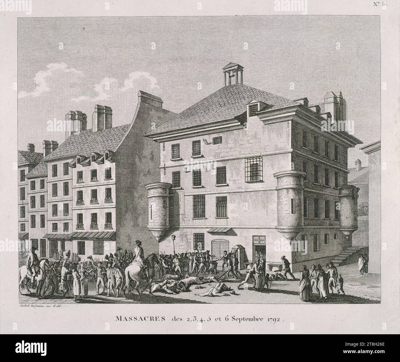 Massacre at the Abbaye prison, September 2-6, 1792, rue Sainte-Marguerite, currently 137-166, boulevard Saint-Germain and rue Gozlin, 6th arrondissement. 72nd plate (numbered 81) from Historical Pictures of the French Revolution (1791-1817), Berthault, Pierre-Gabriel, Graveur, Coiny, Jacques-Joseph, Graveur, Swebach-Desfontaines, Jacques François Joseph, Draftsman, Circa 1787-1797, Print, Graphic arts, French Revolution, Dimensions - Work: Height: 29.7 cm, Width: 46 cm, Dimensions - Antique mount:, Height: 32.5 cm, Width: 50 cm Stock Photo