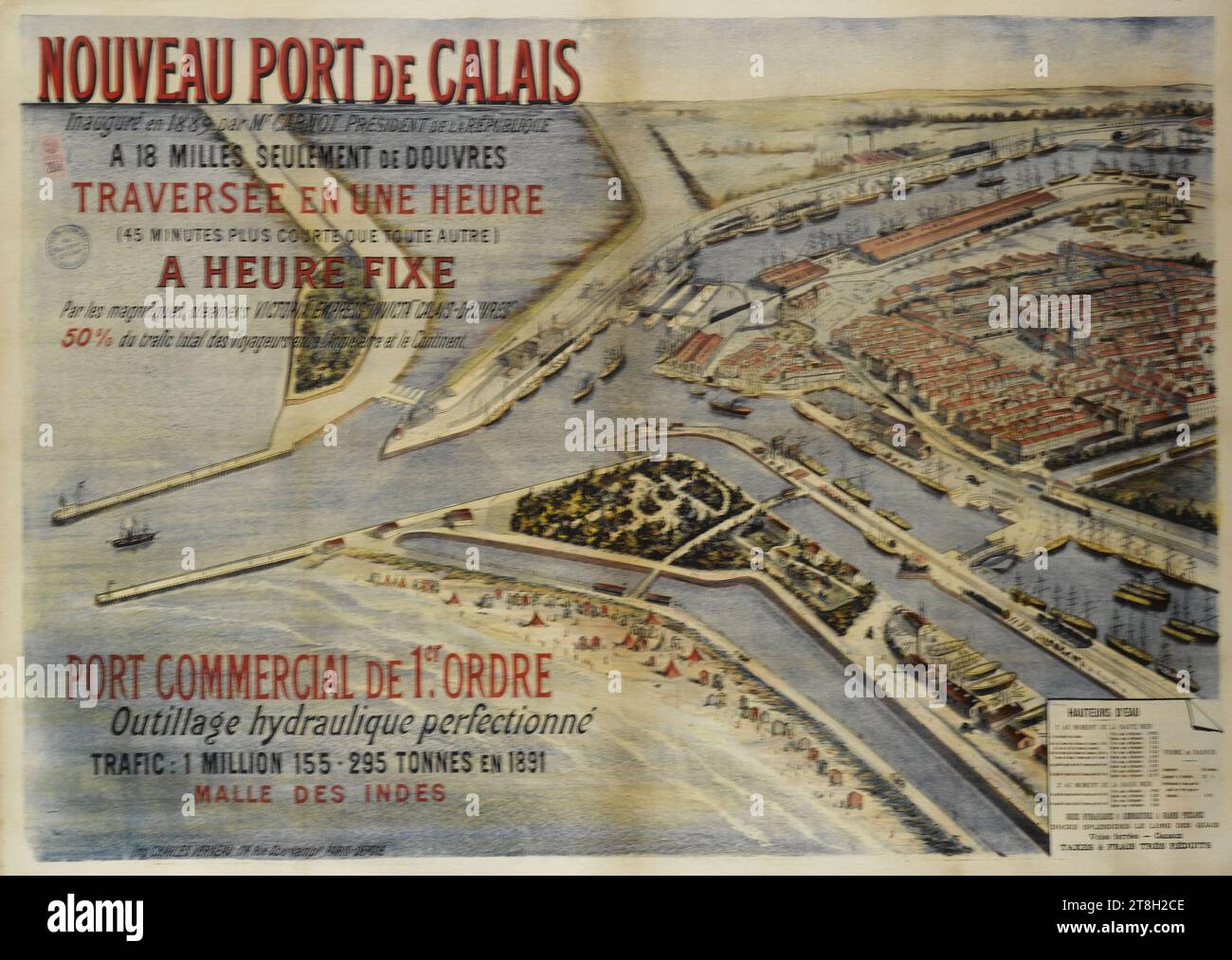 NOUVEAU PORT DE CALAIS, Inaugurated in 1889 by Mr CARNOT PRESIDENT OF THE REPUBLIC, AT ONLY 18 MILES FROM DOUVRES, CROSSING IN ONE HOUR, (45 MINUTES SHORTER THAN ANY OTHER), Imprimerie Charles Verneau, Imprimeur, Entre 1891 et 1900, Graphic arts, Poster, Dimensions - Work: Height: 100.2 cm, Width: 140.7 cm, Dimensions - Mounting:, Height: 106 cm, Width: 146.5 cm Stock Photo