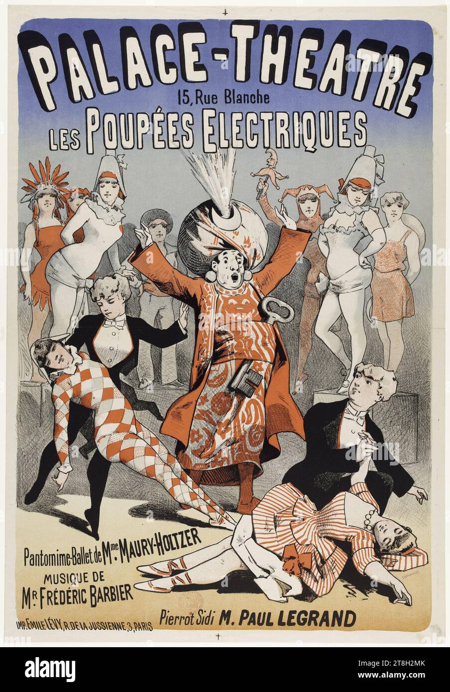 PALACE-THEATRE, 15, Rue Blanche, ELECTRIC DOLLS, Pantomime-Ballet by Mme MAURY-HOLTZER, MUSIC BY, MR. FREDERIC BARBIER, Pierrot Sidi M. PAUL LEGRAND, Draftsman, Lévy, Emile, Printer, In 1883, Graphic arts, Manuscripts, prints, binding, Poster, Lithography, Dimensions - Work: Height: 58.6 cm, Width: 40.4 cm Stock Photo