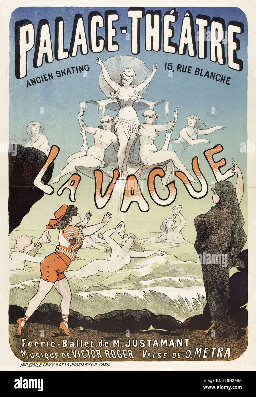PALACE-THEATRE, OLD SKATING, 15, RUE BLANCHE, LA VAGUE, Féerie-Ballet by M. JUSTAMANT, MUSIC BY VICTOR ROGER VALSE DE O. METRA, Draftsman, Lévy, Emile, Printer, Around 1883, Graphic arts, Prints, Poster, Lithograph, Dimensions - Work: Height: 59.5 cm, Width: 41.5 cm Stock Photo